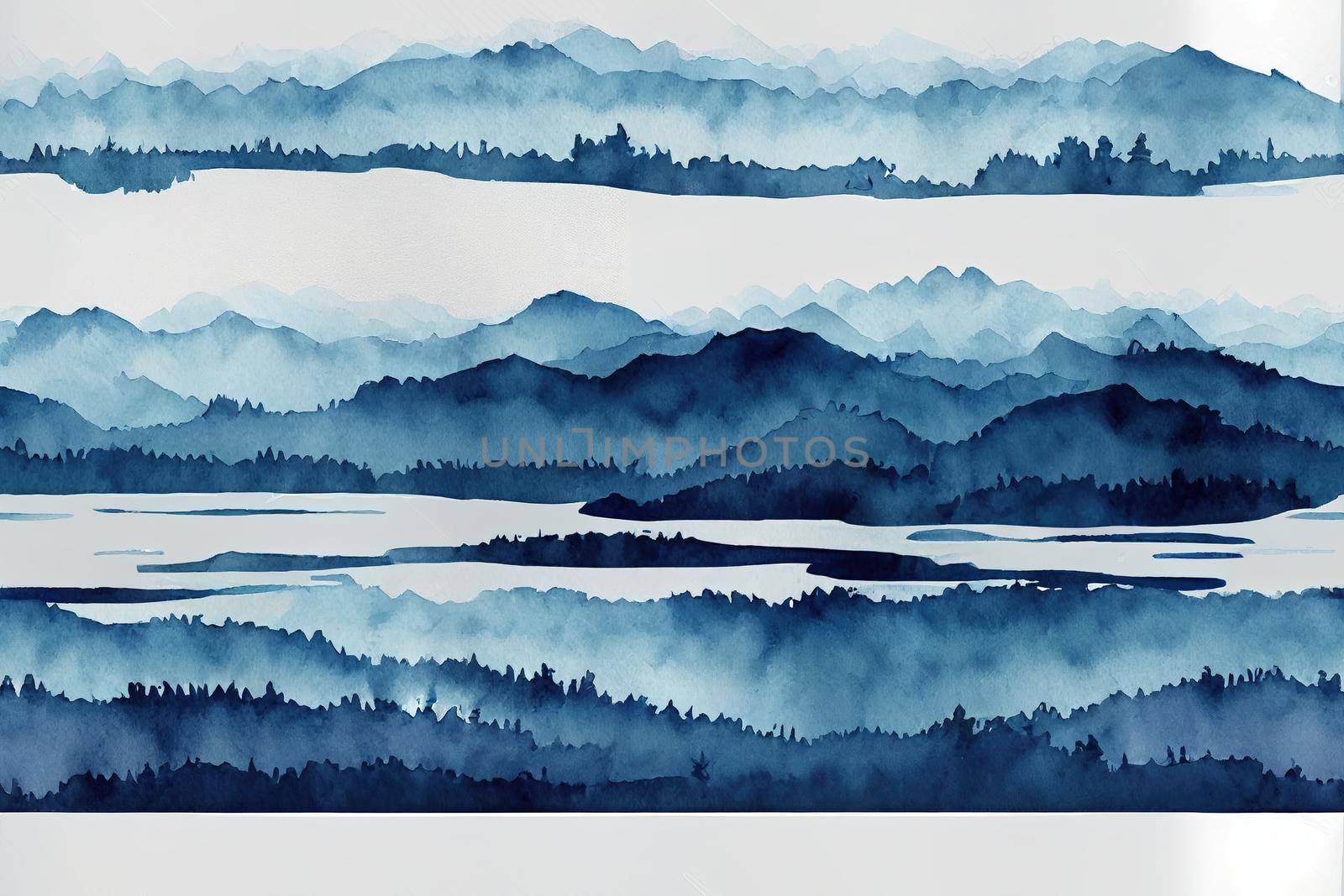 Seamless watercolor linear pattern, border. Blue mountain landscape, a river, a forest and a reflection in the water, silhouette of trees. On white isolated background..