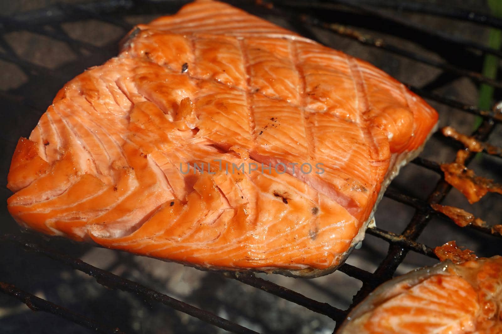 Close up cooking salmon fish fillet steak on on bbq grill grate, high angle view