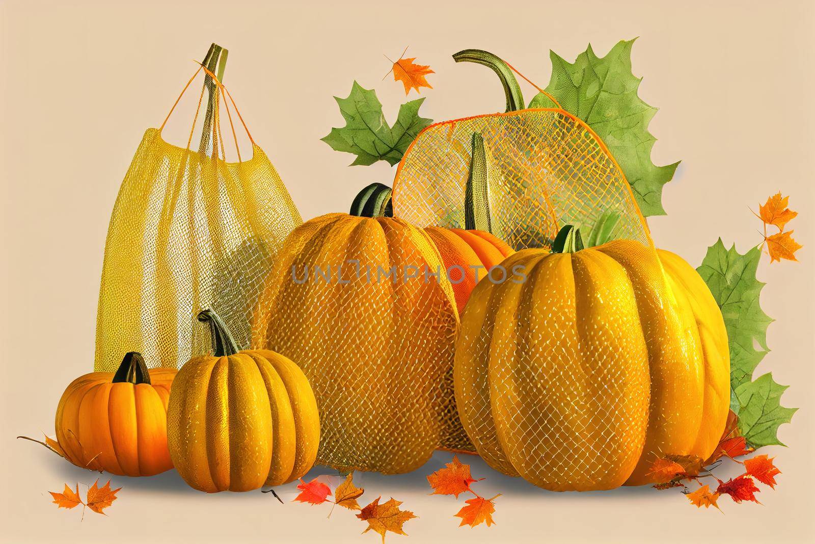 Fresh pumpkins in shopping eco friendly mesh bag, autumn leaves on color yellow background Autumn composition thanksgiving, fall, halloween concept Concept Organic vegetable harvest , anime style