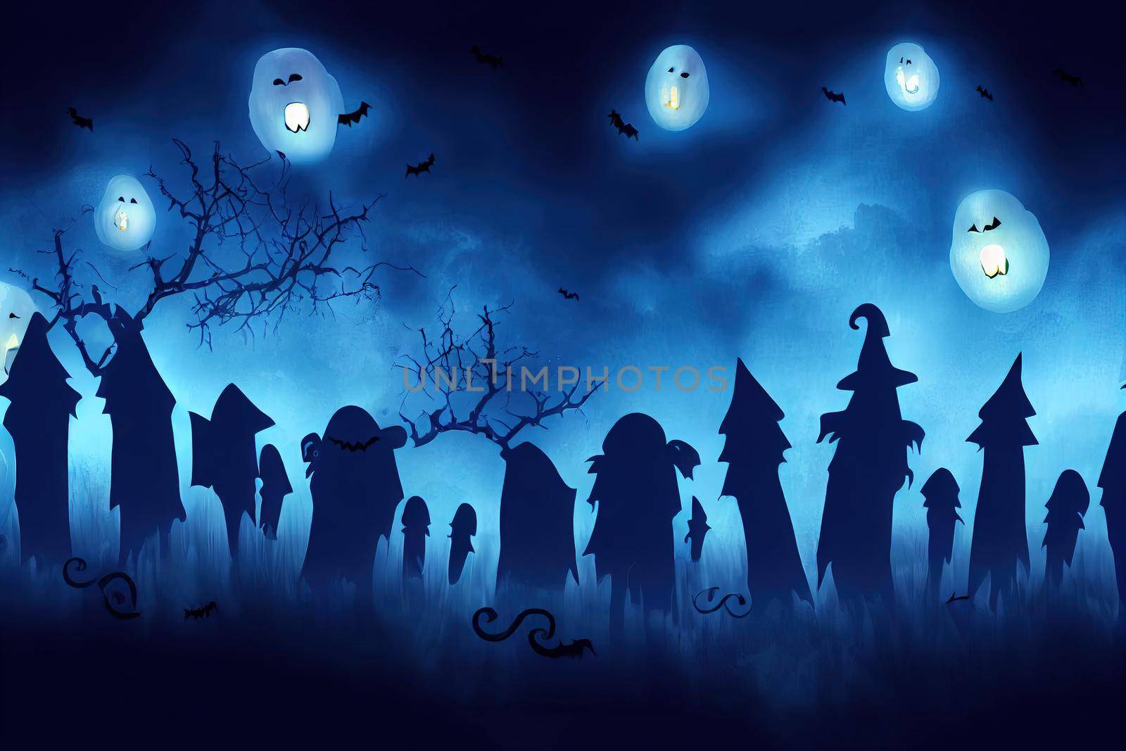 Halloween holiday banner Halloween composition with light garland with ghosts on a deep blue textured background with copy space Halloween background , anime style