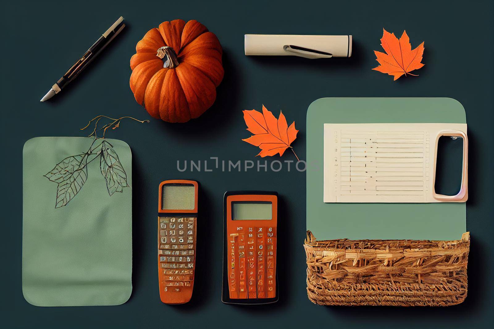 autumn flat lay with calculator, consumer basket, bill and leaves , anime style