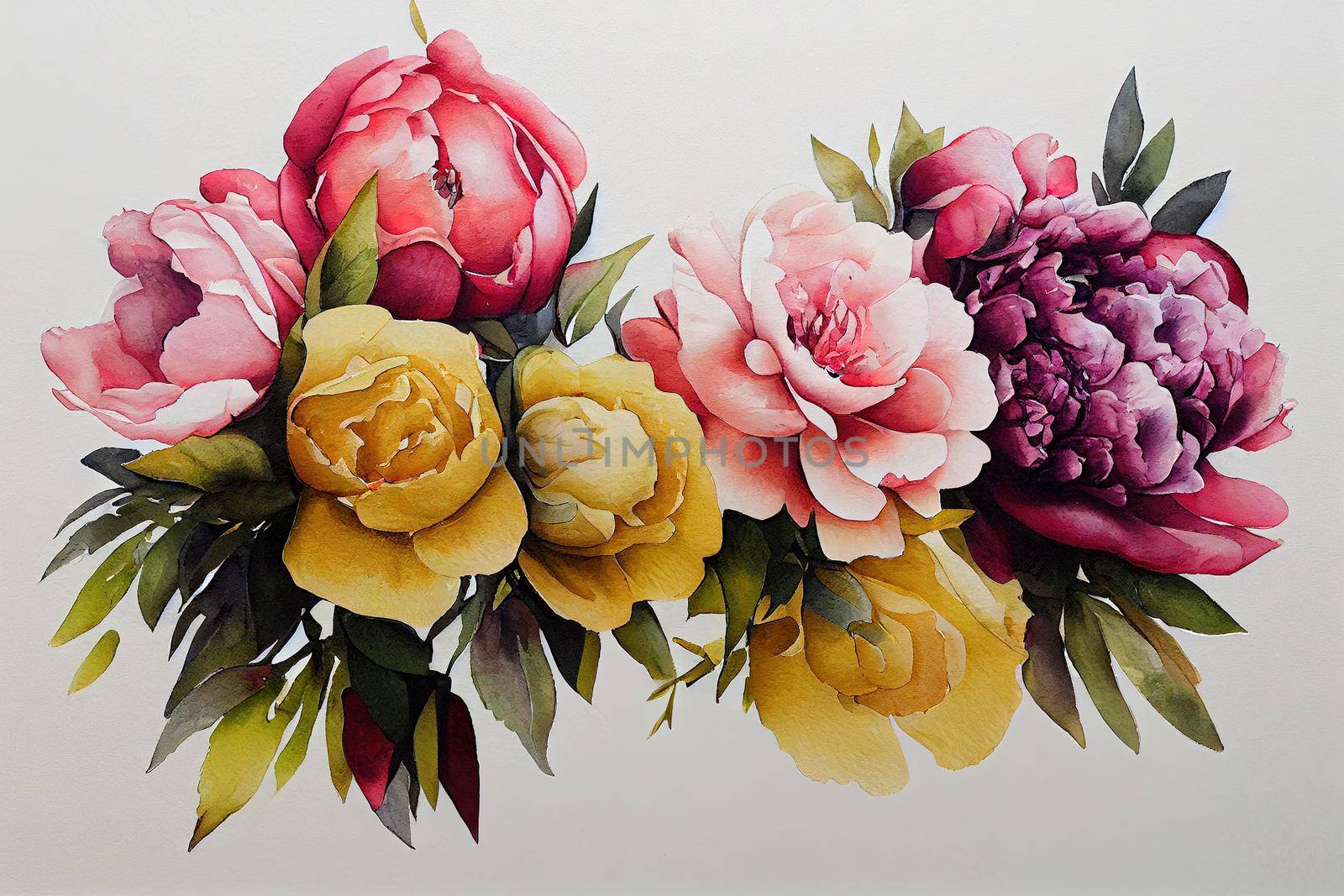 Floral set bouquets with flowers. Watercolor burgundy, indigo, yellow and pink peonies, roses. For greeting card, wedding invitation, poster, stickers and other. Isolation on white. Hand painting.
