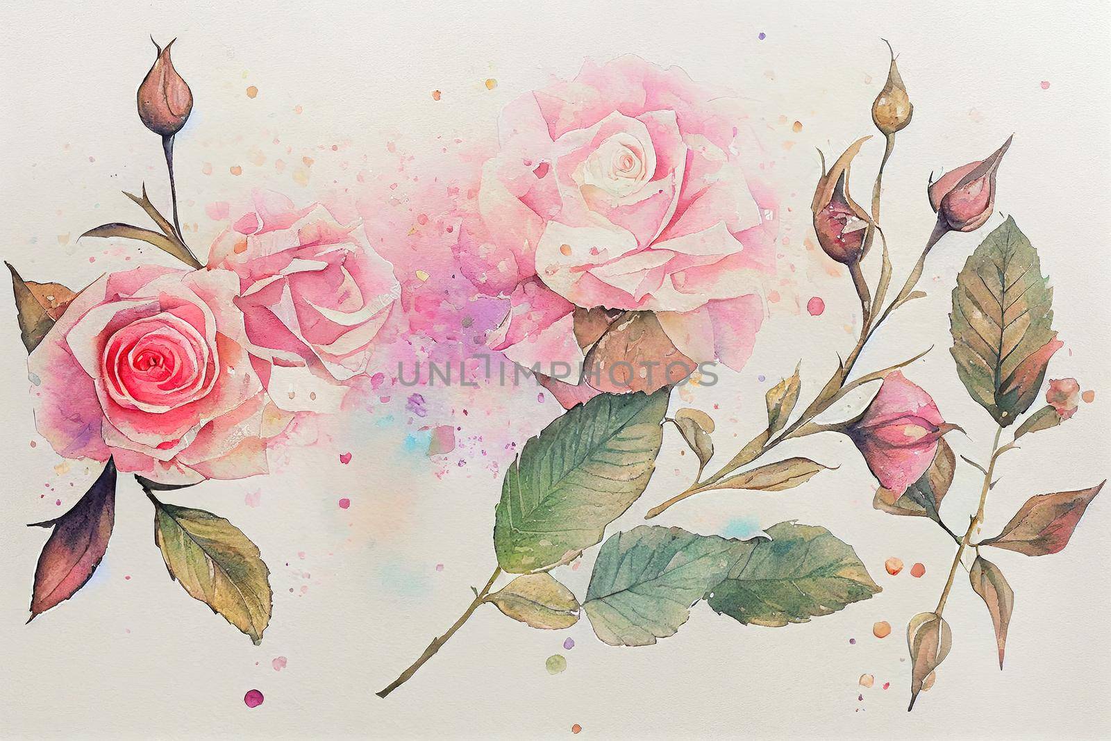 Watercolor Pastel Pattern. Pastel Print. Watercolor Paintbrush Design. Milky Rose Brush Leaves Art. Magic Acrylic Effect. Hand Drawn Wash Effect. Natural Watercolor Wash Painting. High quality Illustration