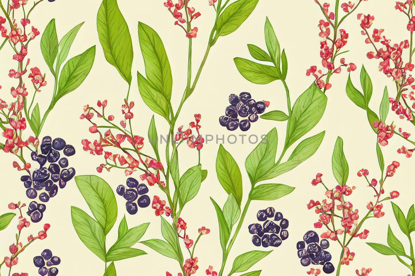 pattern with flowers, berries and leaves. Hand drawn background. Botanic. Plant background. Trendy floral design. Natural. Floral print. , anime style