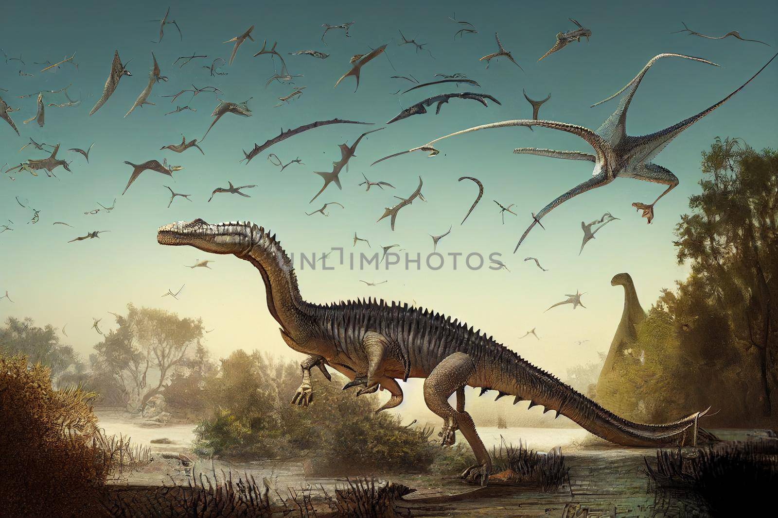 Ancient dinosaurs, pterosaurs, ichthyosaurs, ancient crocodiles and so on. High quality illustration