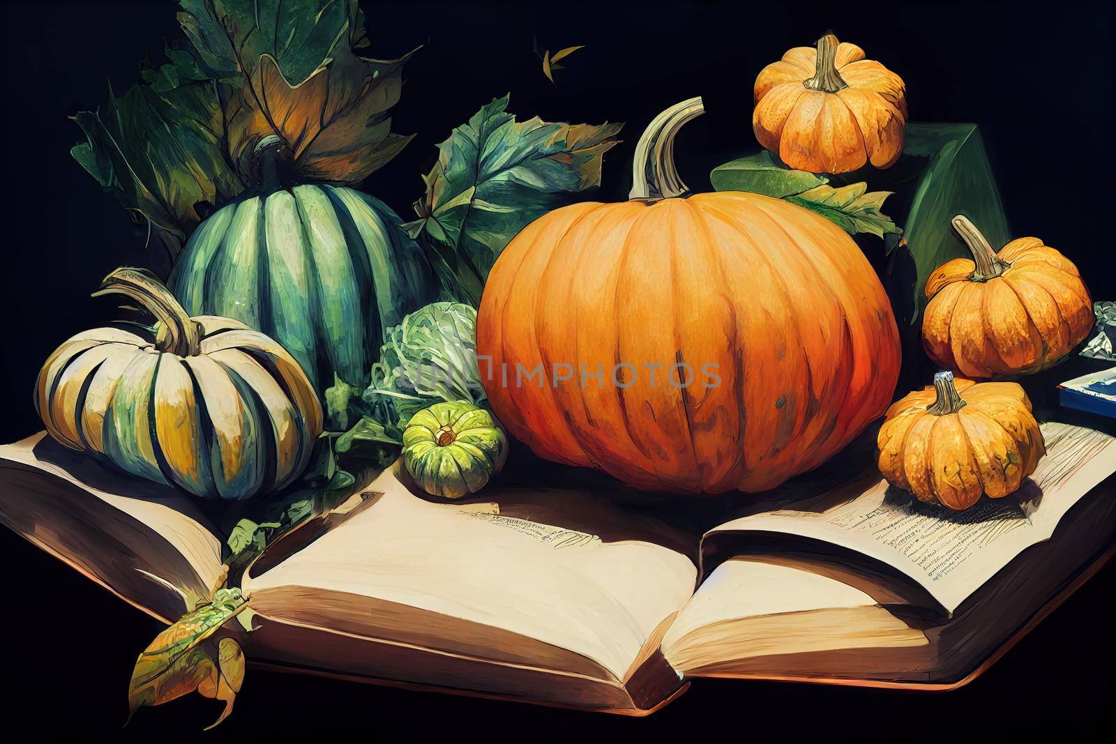 Autumn composition with pumpkins, cabbage, books, and a broomstick , anime style