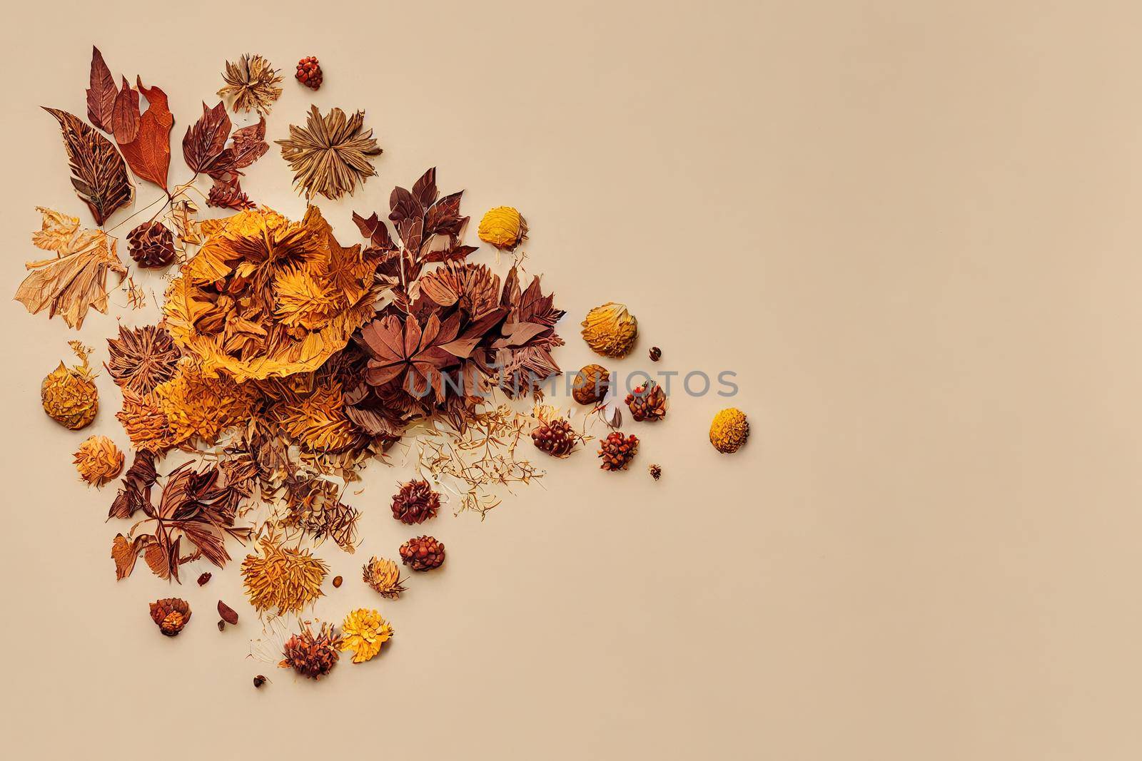Autumn composition Pattern made of dried flowers, eucalyptus leaves, berries on beige background Autumn, fall, thanksgiving day concept Flat lay, top view, copy space , anime style