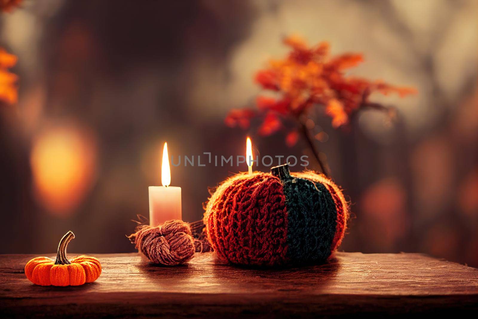 Autumn composition with candles, mini munchkin pumpkins, warm wool knitted plaid on the wooden wind sill Dark colors, low key Cozy home atmosphere, fall colors Close up , anime style