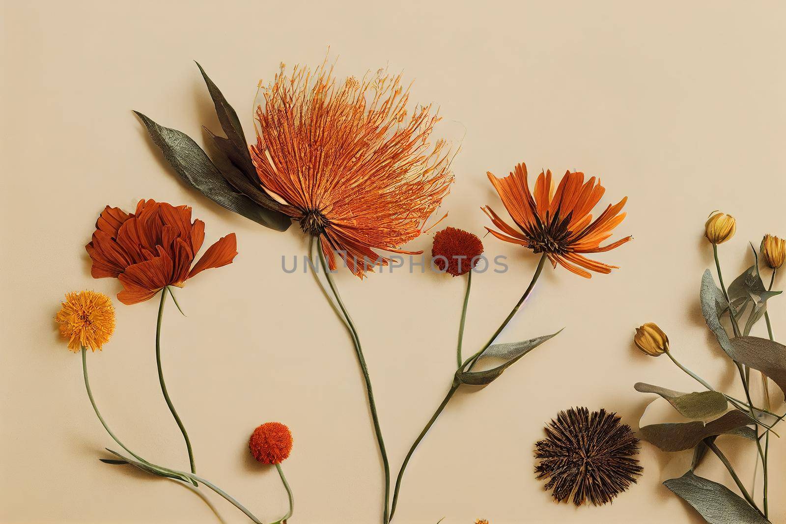 Autumn floral minimal flat lay, one dried flower Cosmos with beautiful shadow from sunlight, fall aesthetic blossoming flower on beige background, copy space Autumnal trend still life, top view , anim