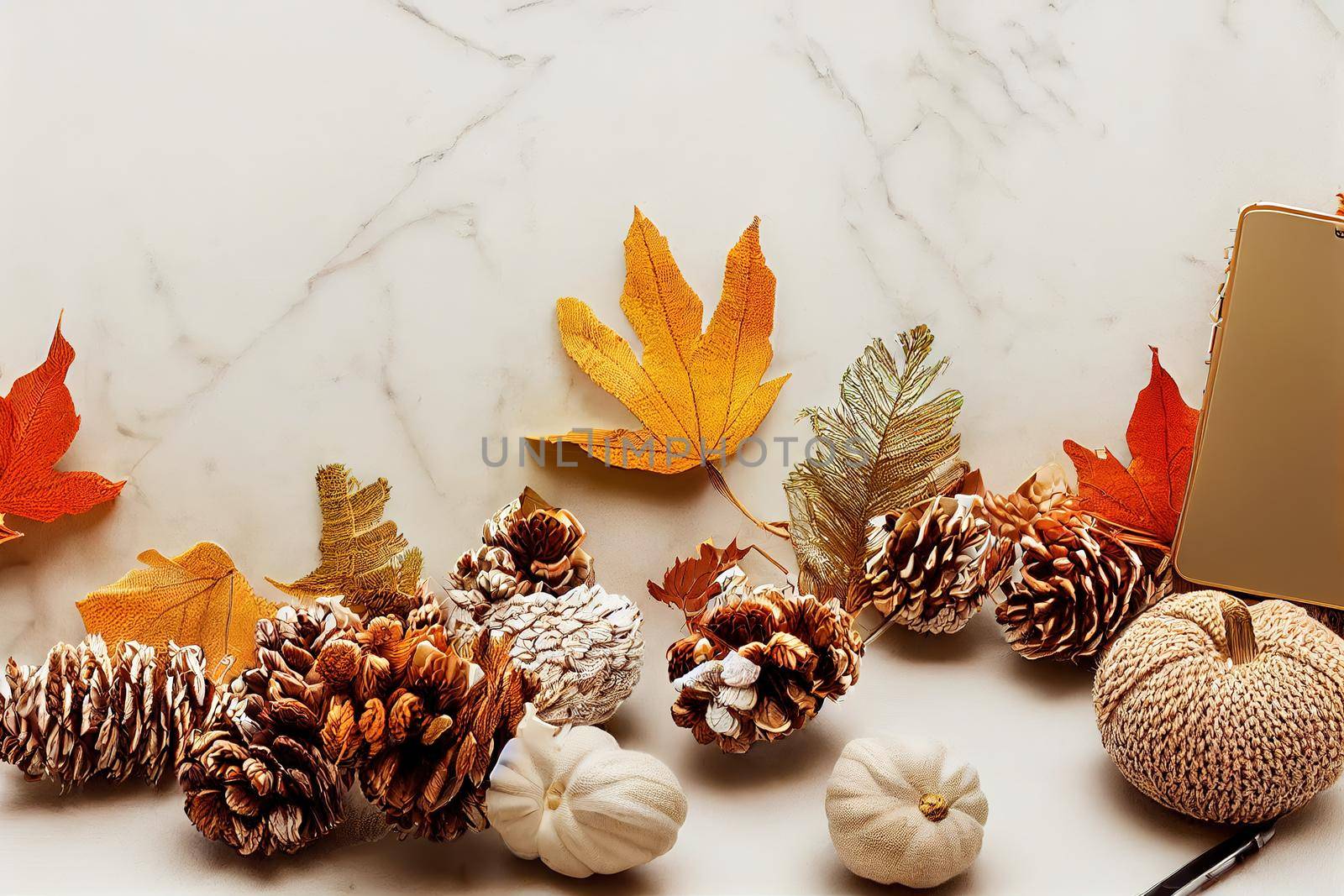 Autumn composition corner border, workspace with copy space on marble background, smartphone blank screen mockup, notebook, pine cones, knitted sweater, top view , anime style