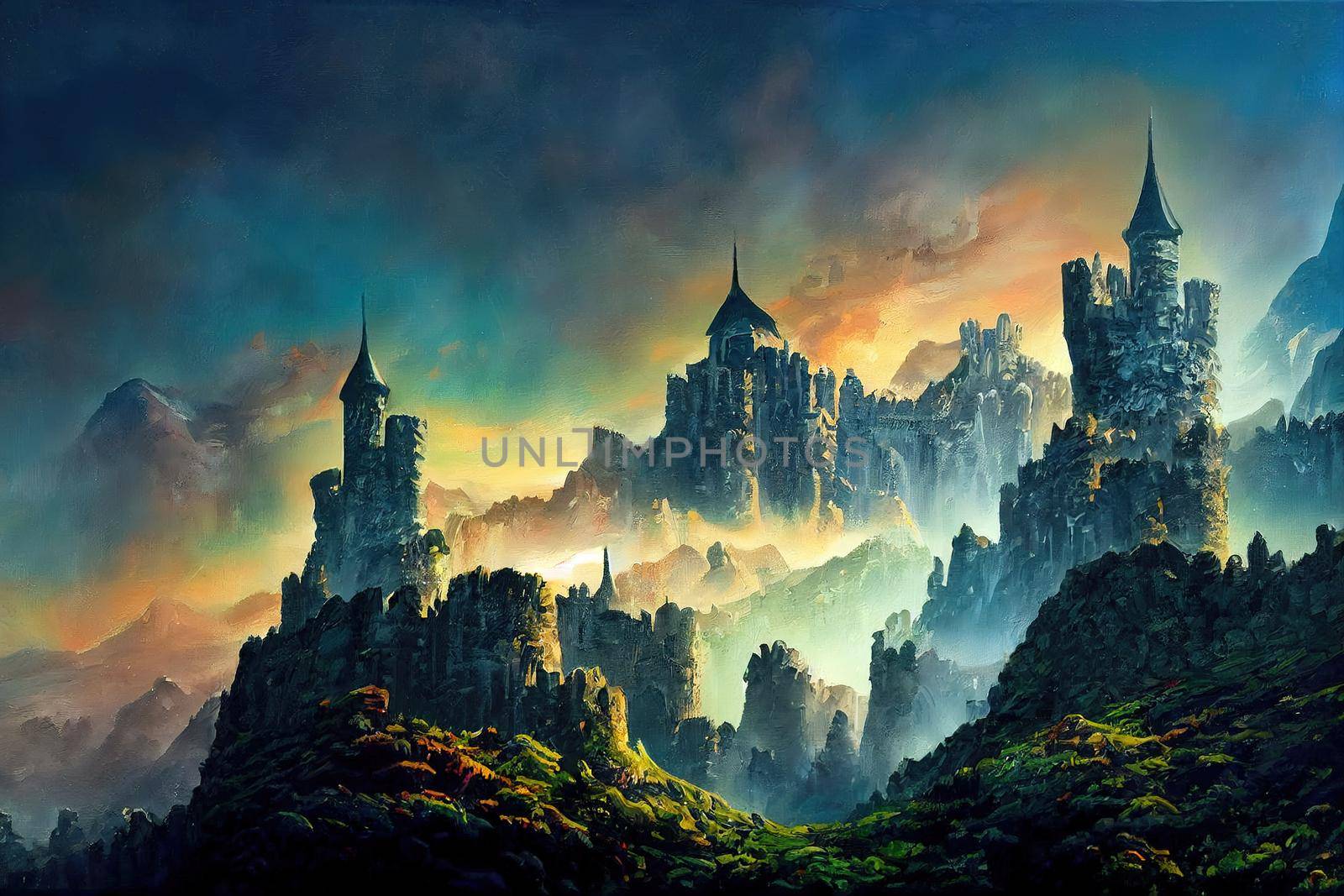 A futuristic castle in the mountains of fantasy. Oil by 2ragon