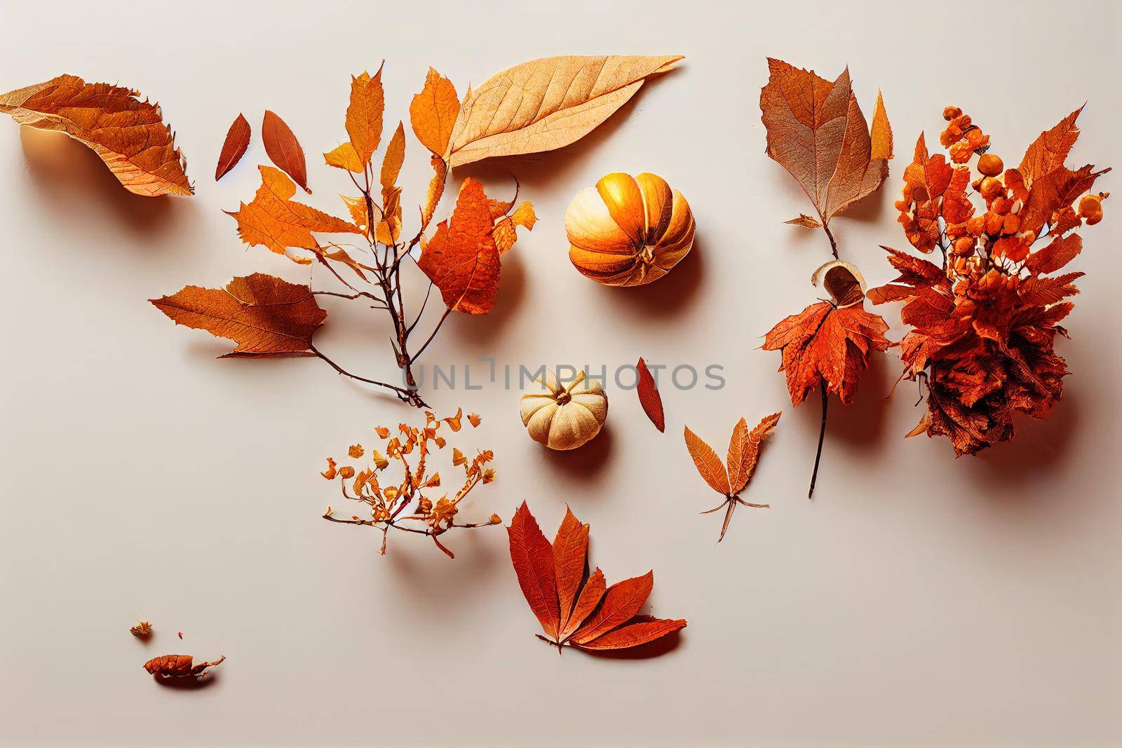 Autumn composition Dried leaves, rowan berries on white background Autumn, fall, thanksgiving day concept Flat lay, top view, copy space , anime style