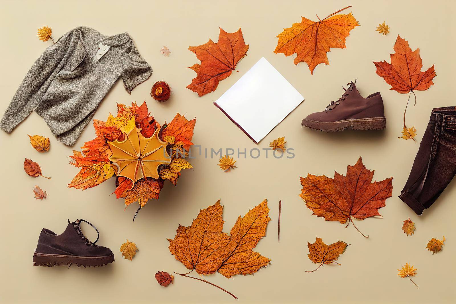 Autumn composition Autumn clothes on white background Flat lay, top view , anime style