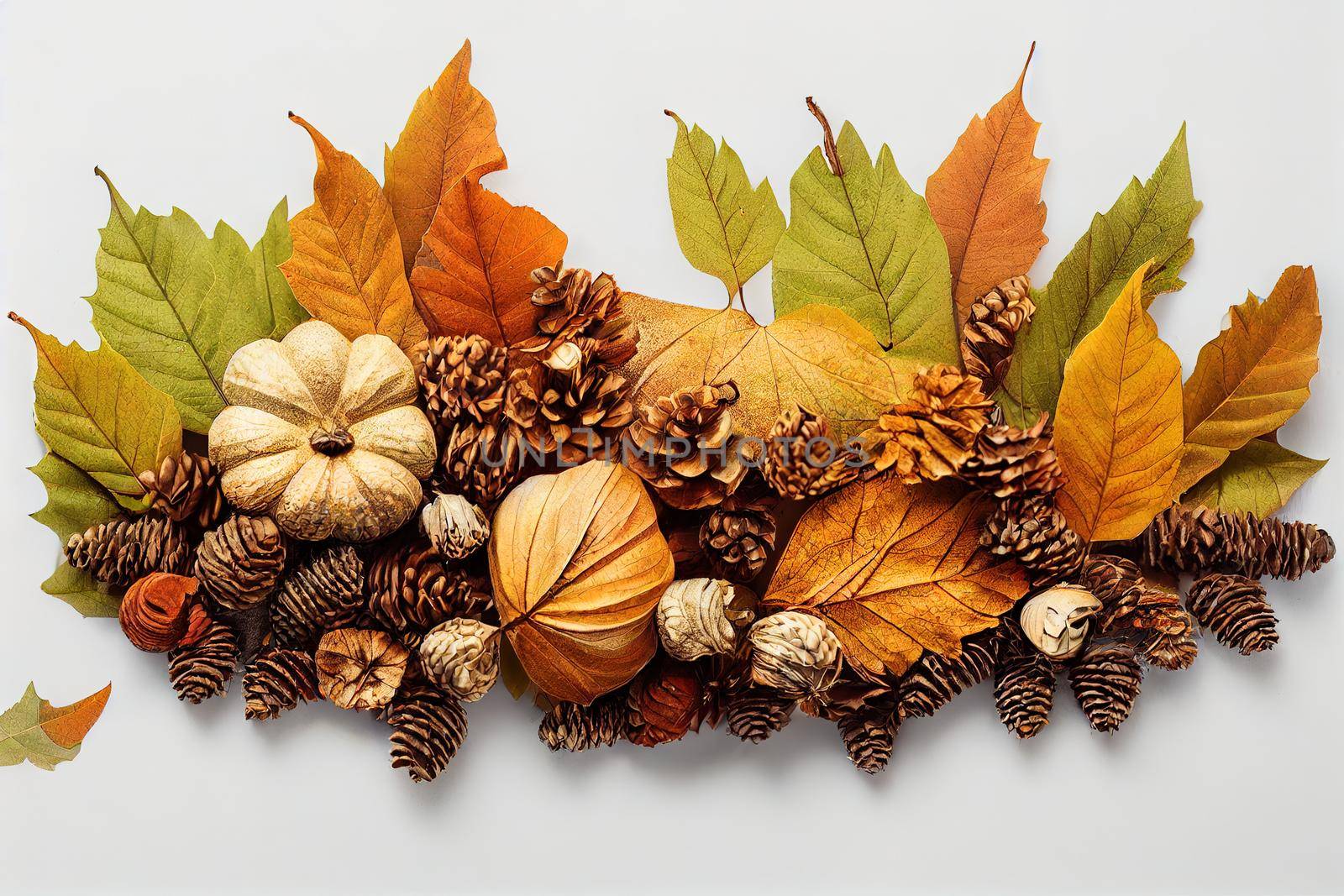 Autumn composition Frame made of autumn leaves, acorn, pine cones on white background Flat lay, top view, copy space , anime style