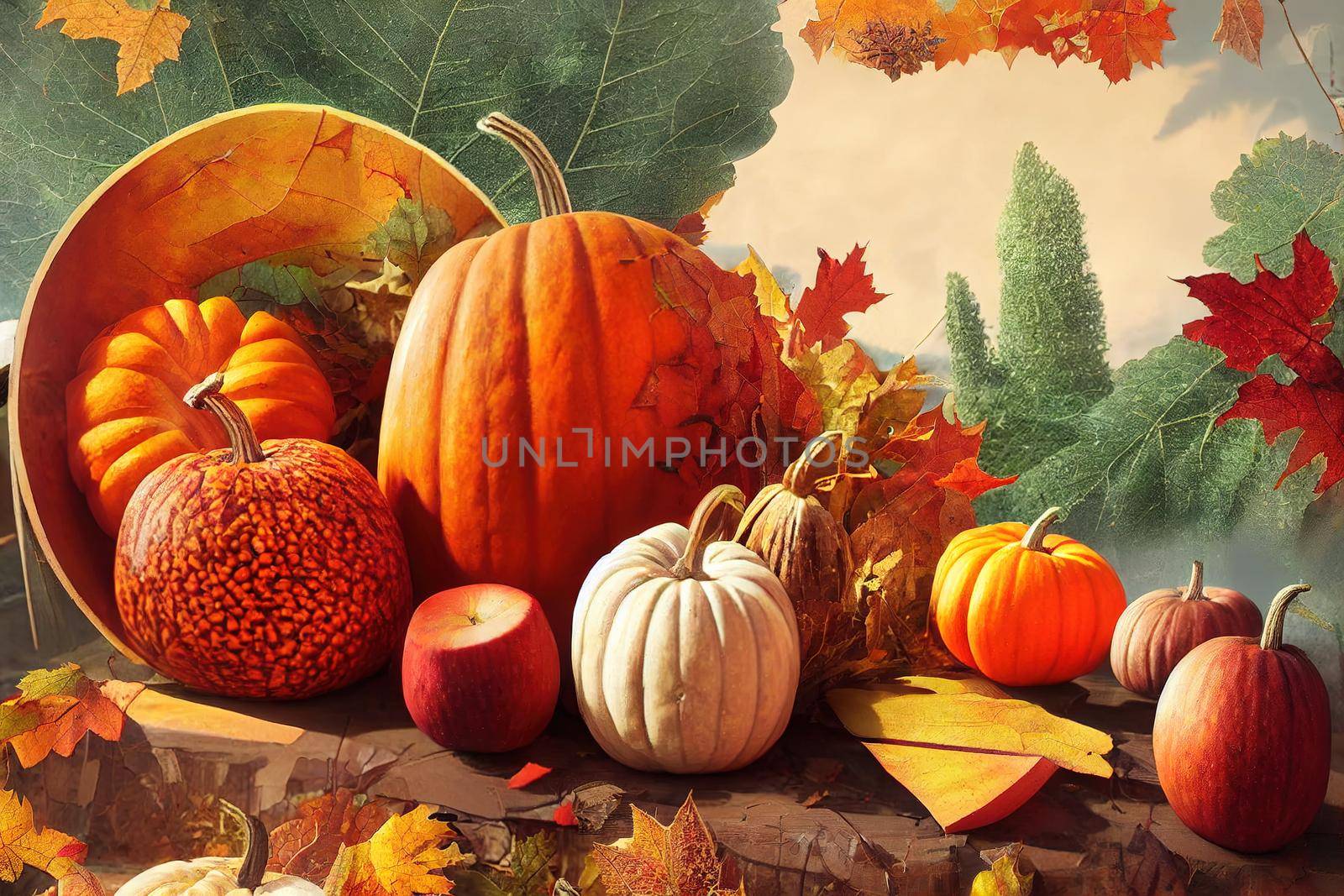 Autumn seasonal harvest Fruits and vegetables background Pumpkin, red apples and maple leaves Autumn still life , anime style