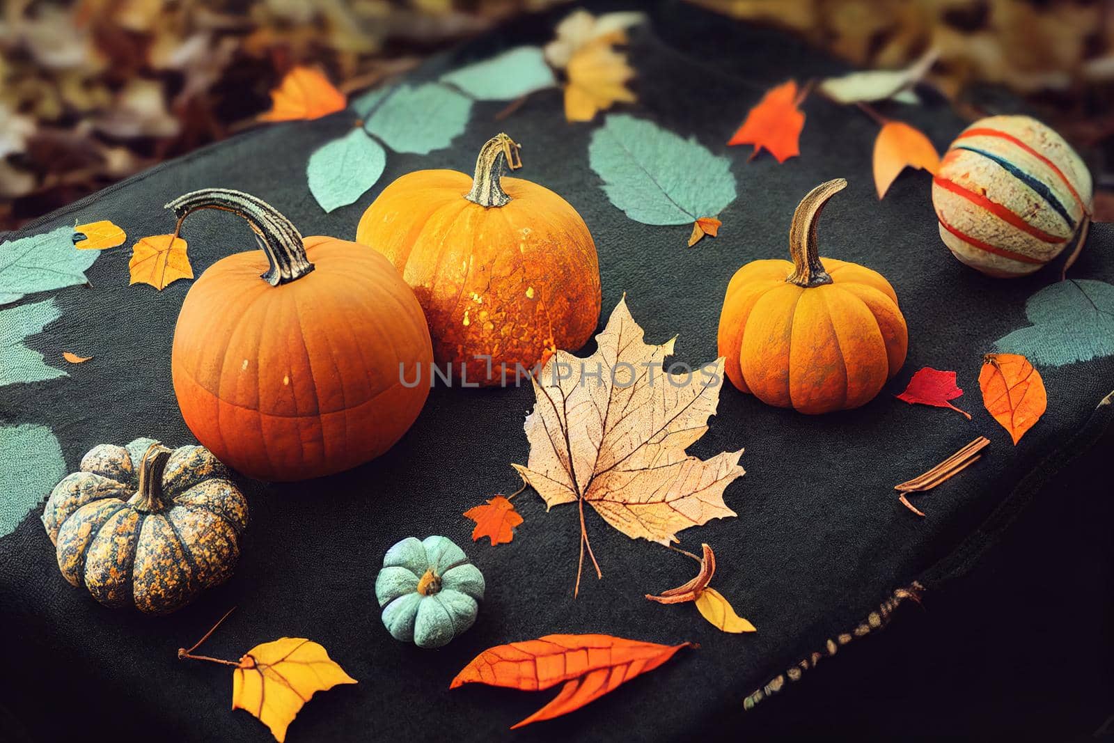 Autumn flat lay composition with pumpkins and fallen leaves and sweater with space for text , anime style