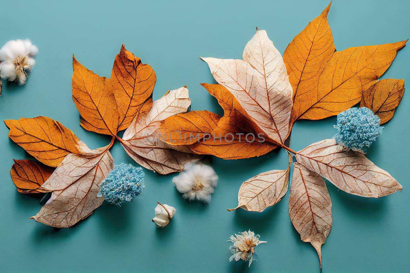 Autumn or winter composition Dried leaves, cotton flowers on pastel blue background Autumn, fall, winter concept Flat lay, top view , anime style