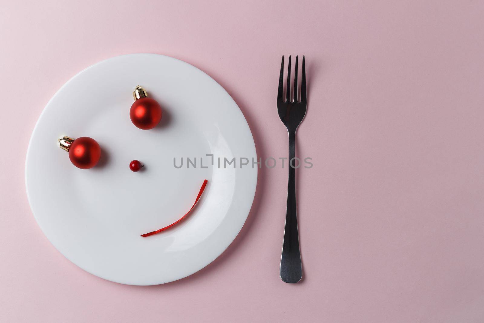 Minimalistic smile emoticon composition. Food concept. copy space