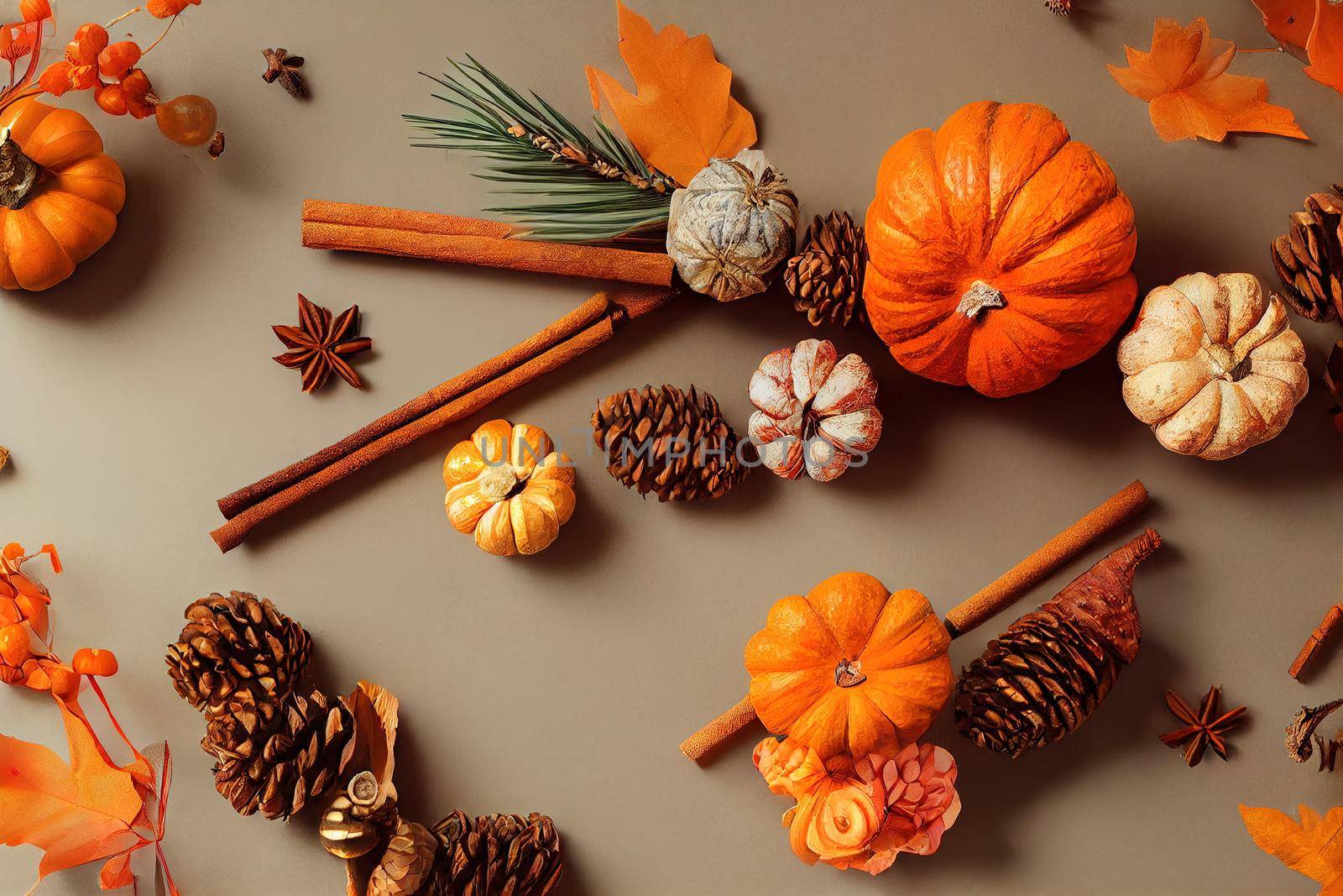 Autumn composition with orange pumpkin ,pine cones, cinnamon sticks, flowers and small gifts Flat lay, top view , anime style
