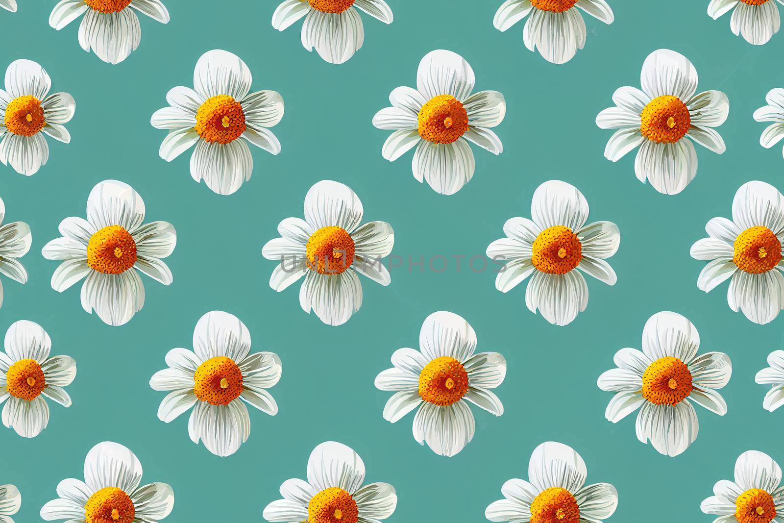 Seamless pattern with daisies. Mixed small and large blooming flower heads ornament. Bright summer botanical background in modern flat design.