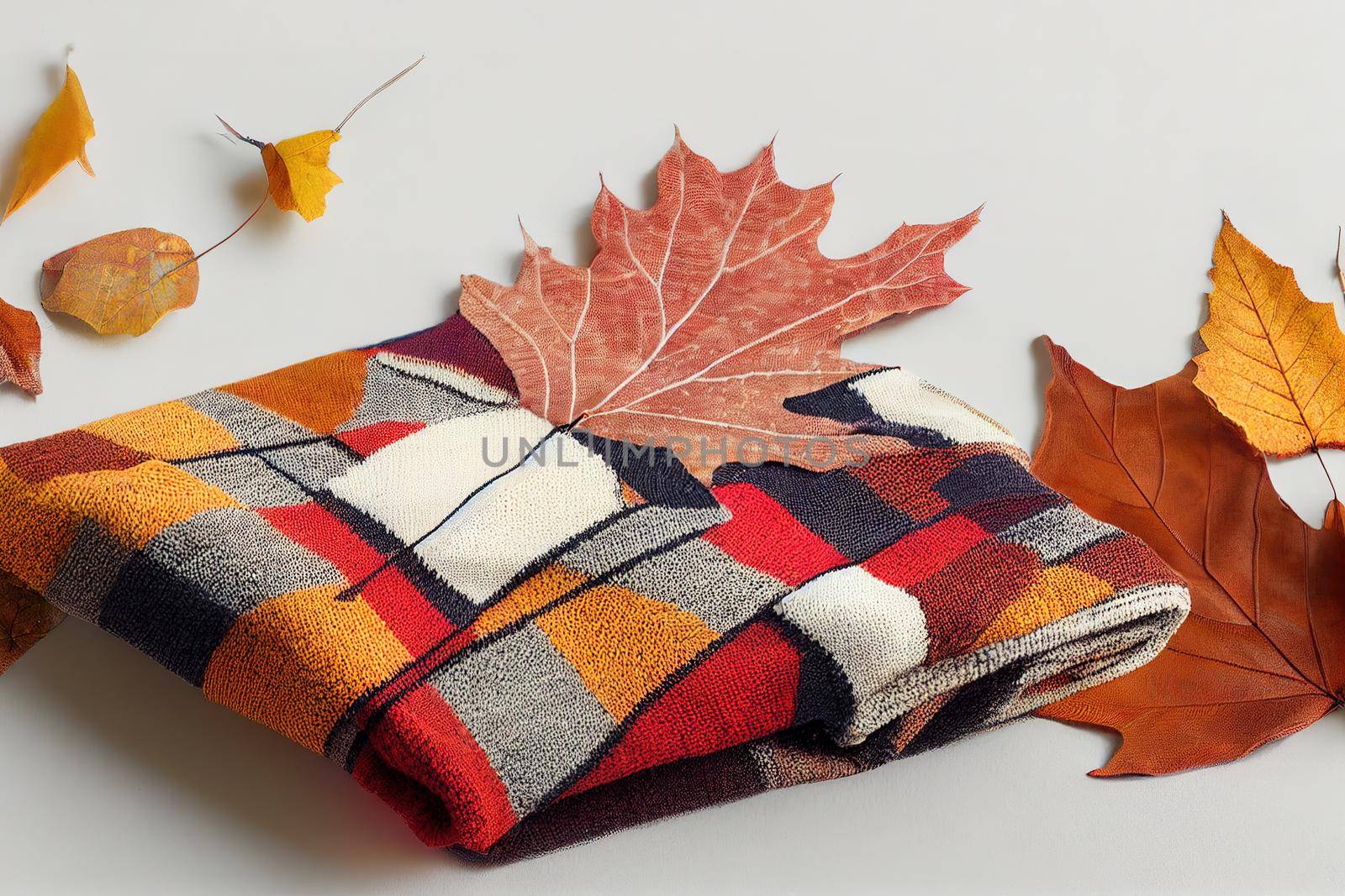 Autumn composition Sweater, plaid, autumn leaves on white background Flat lay, top view, copy space , anime style