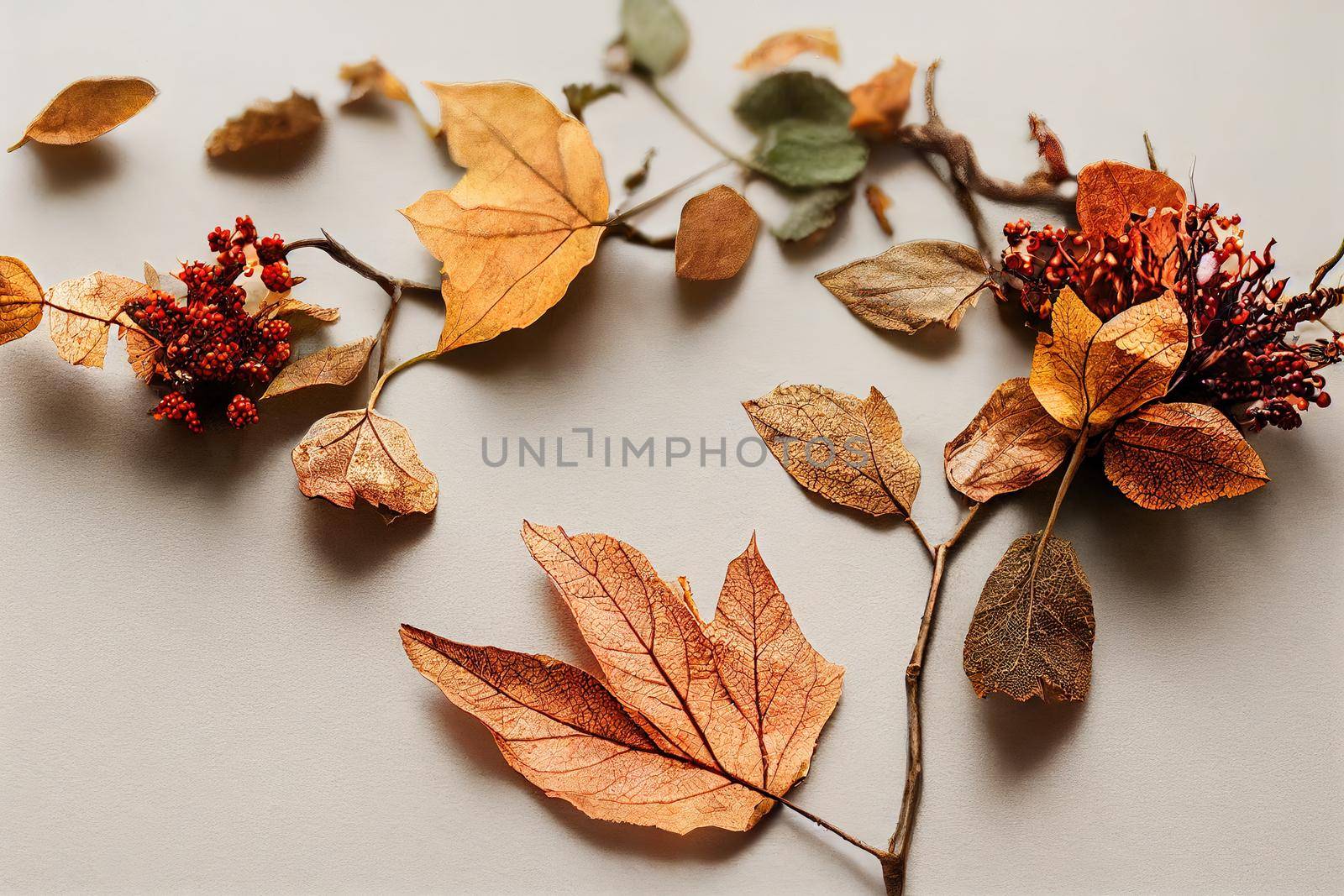 Autumn composition Dried leaves, flowers, rowan berries on white background Autumn, fall, thanksgiving day concept Flat lay, top view, copy space , anime style