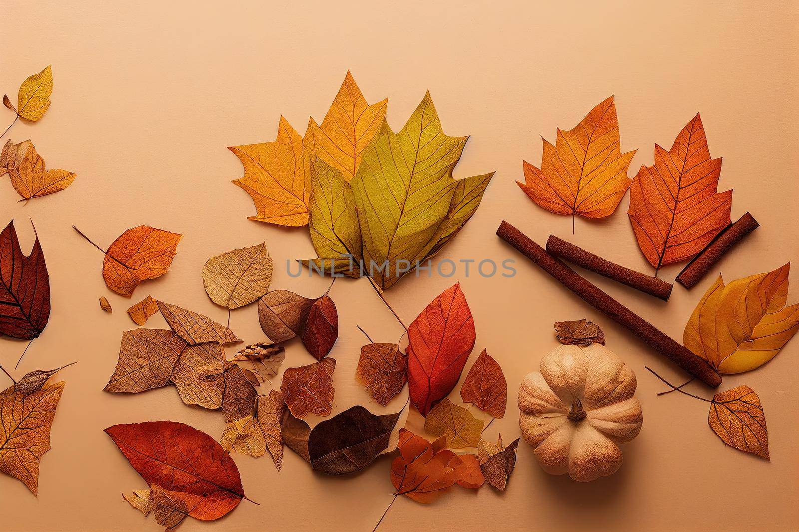 Craft paper blank frame and autumn leaves, cotton, pumpkin, cinnamon background Autumn mockup Autumn composition, fall concept Flat lay, top view and , anime style