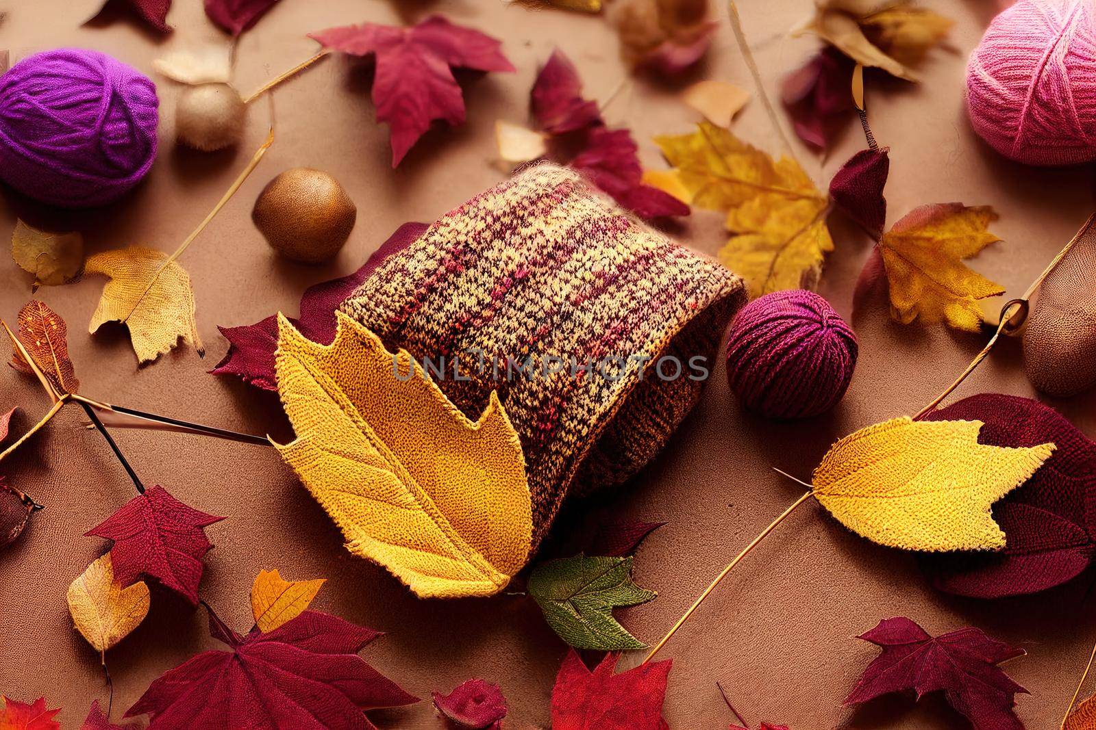 Flat lay autumn composition Knitted woolen pink female sweater or plaid, golden dry leaves on burgundy brown background top view copy space Fall concept Fashion color, cozy autumn thing, clothes , ani