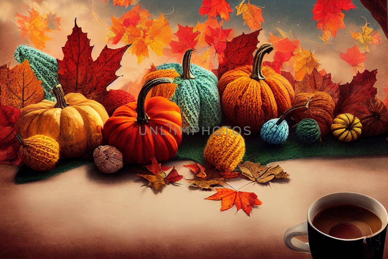 Colorful autumn bright composition Hello Autumn A cup of hot coffee in a knitted orange sweater, a warm scarf, maple leaves, acorns and knitted pumpkins , anime style