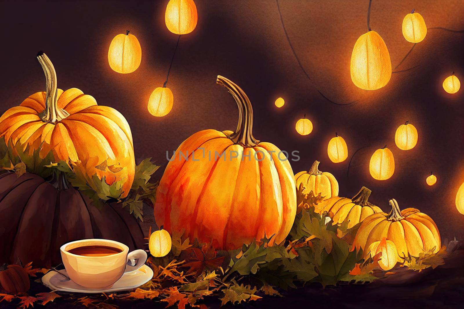 Pumpkin latte on a dark background with pumpkins and autumn leaves and colored lights Autumn composition in warm colors , anime style