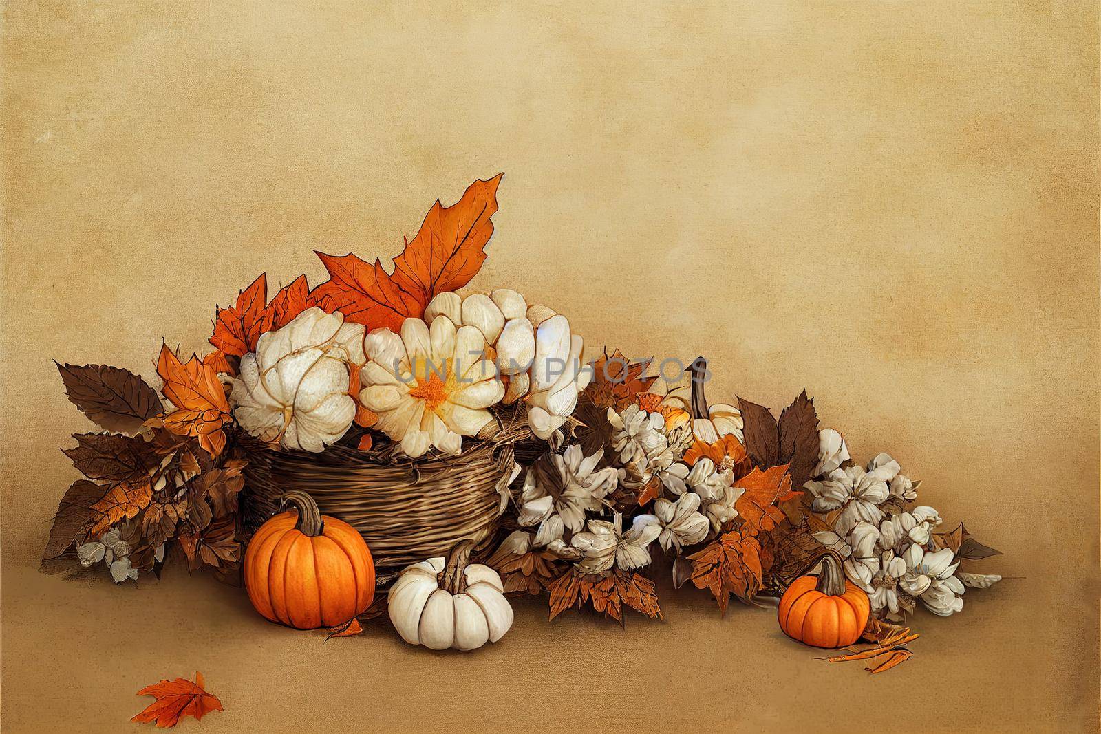 Autumn composition with cotton flowers and pumpkin on beige background , anime style