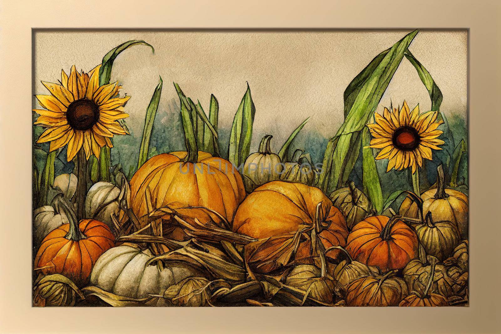Watercolor square frame for text Hand drawn pumpkins, sunflowers, twigs, corn stalks Harvest, autumn , anime style