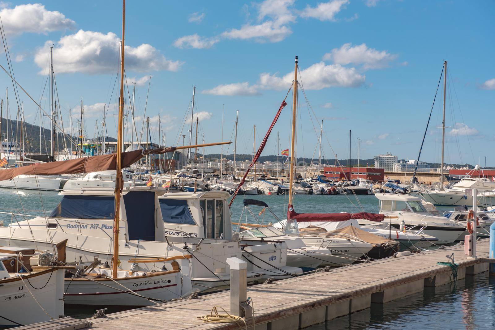 Sant Antoni de Portmany, Ibiza, Spain : NOV 8 2019 : Sunny day in the port of Sant Antoni de POrtmany, Ibiza, Spain.