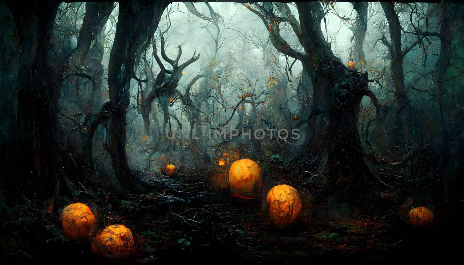 scary dead black forest with yellow pumpkin heads on the ground, neural network generated art. Digitally generated image. Not based on any actual scene or pattern.