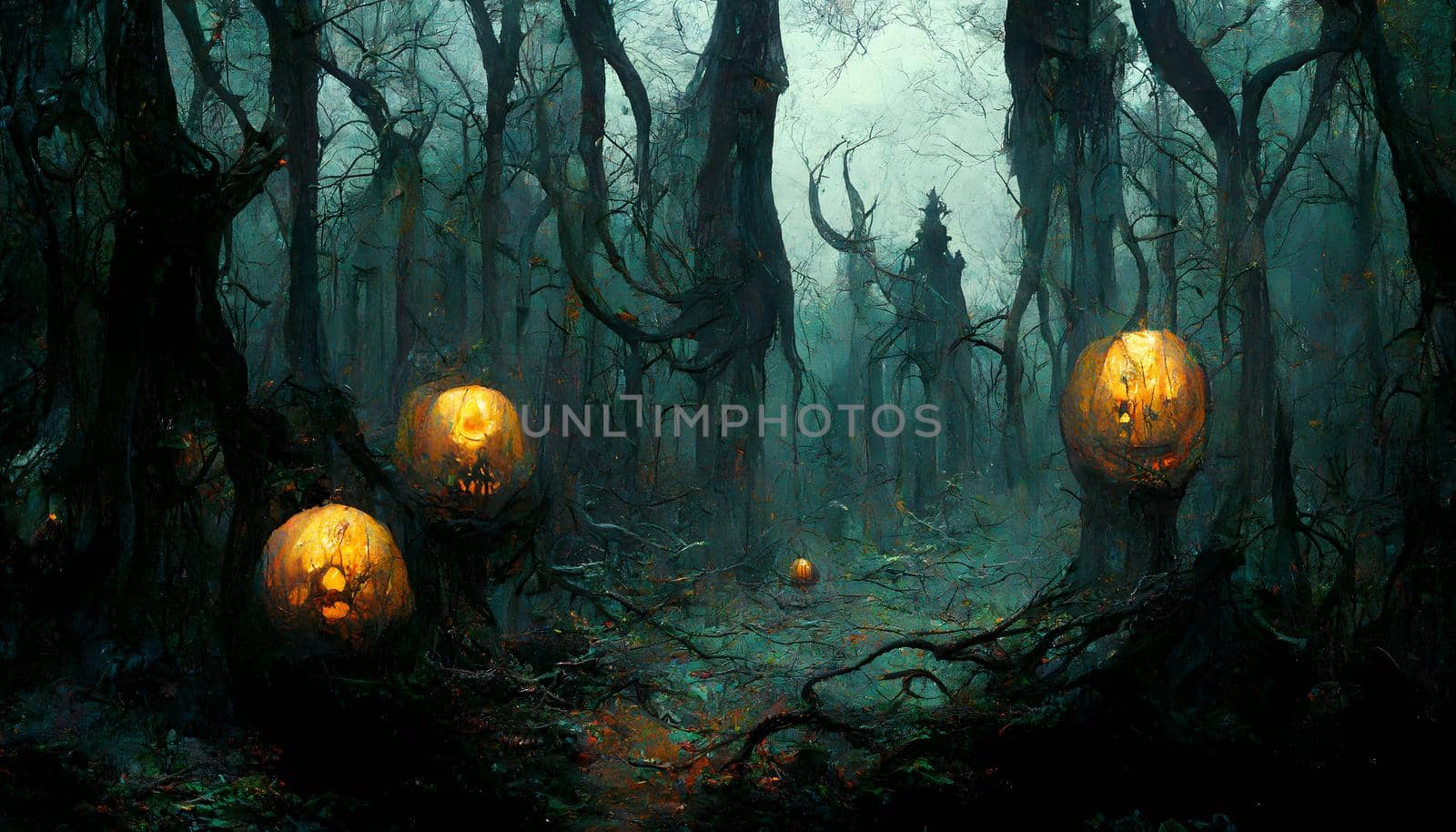 scary dead black forest with yellow pumpkin heads on the ground, neural network generated art by z1b