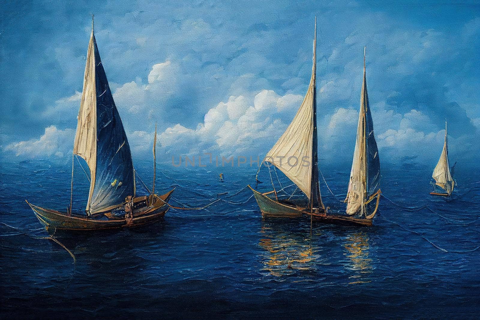 Oil painting on canvas depicting two sailing boats with fisherman on the blue sea