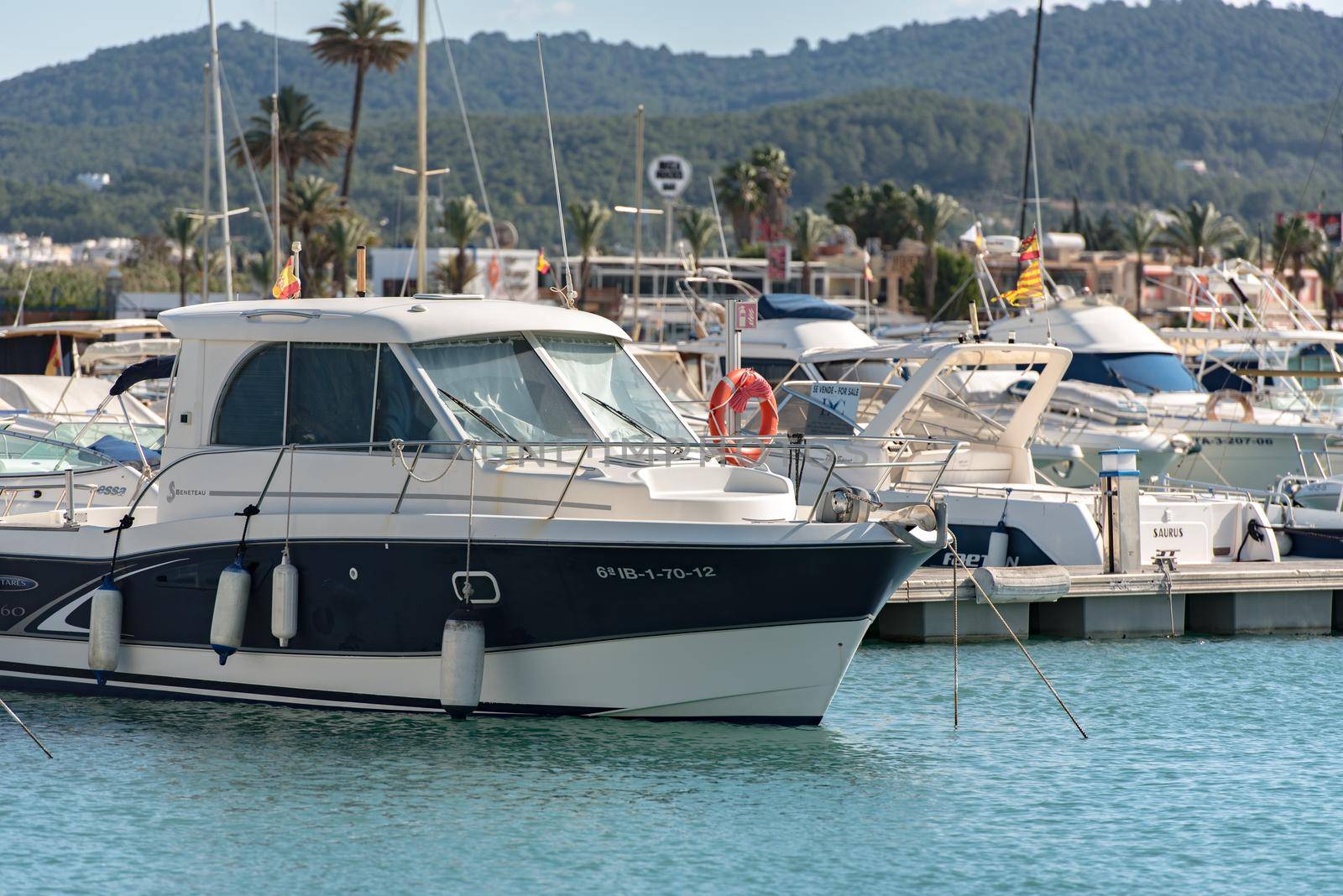 Sant Antoni de Portmany, Ibiza, Spain : NOV 8 2019 : Sunny day in the port of Sant Antoni de POrtmany, Ibiza, Spain.