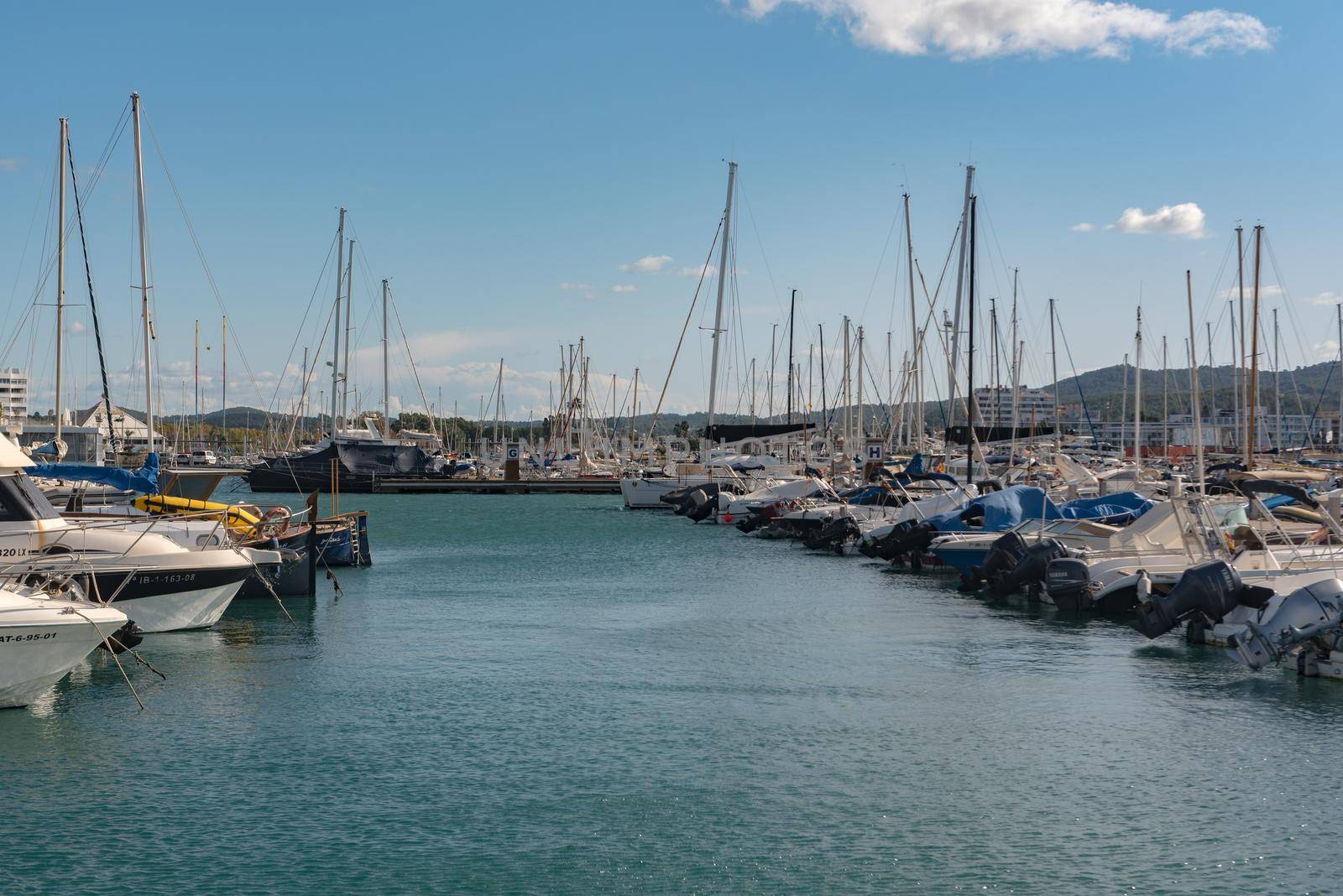 Sant Antoni de Portmany, Ibiza, Spain : NOV 8 2019 : Sunny day in the port of Sant Antoni de POrtmany, Ibiza, Spain.