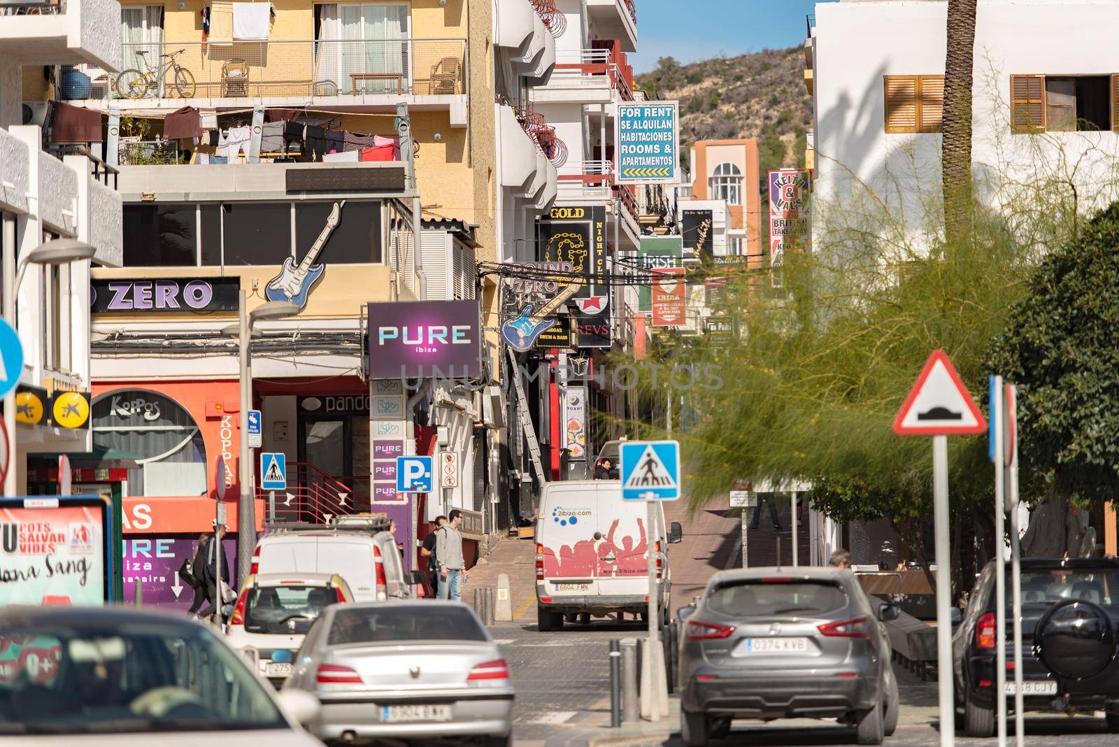 Sant Antoni de Portmany, Ibiza, Spain : NOV 8 2019 : Sunny day in the port of Sant Antoni de POrtmany, Ibiza, Spain.