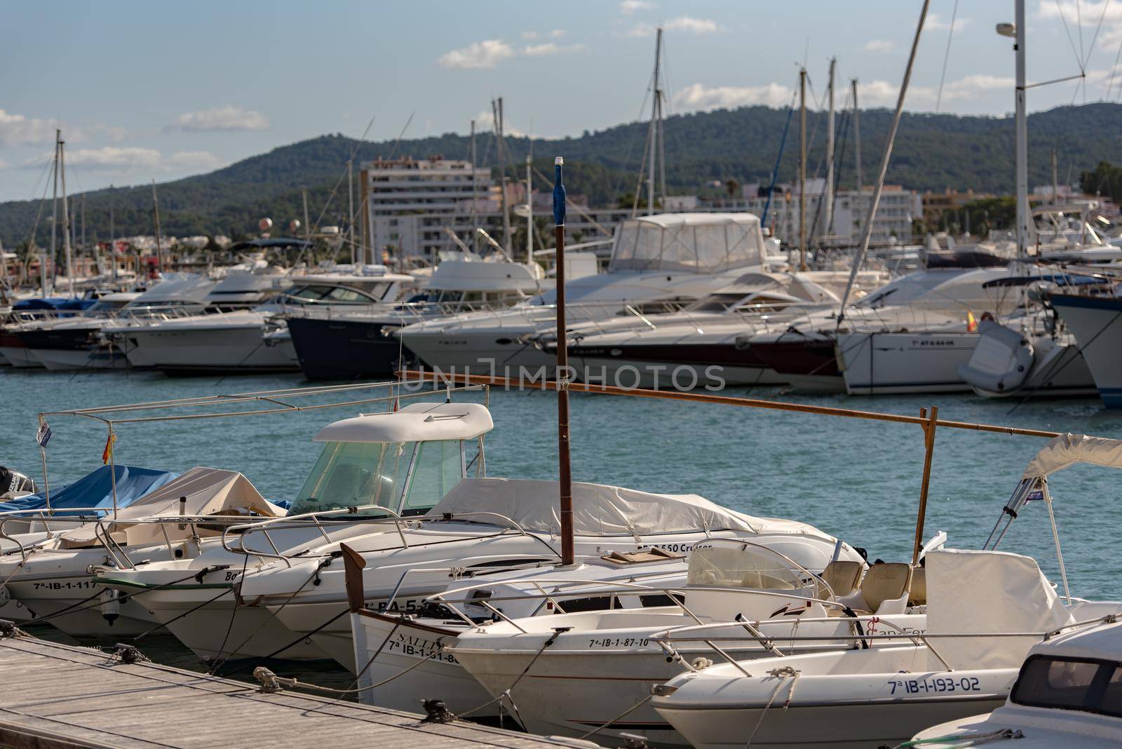 Sant Antoni de Portmany, Ibiza, Spain : NOV 8 2019 : Sunny day in the port of Sant Antoni de POrtmany, Ibiza, Spain.