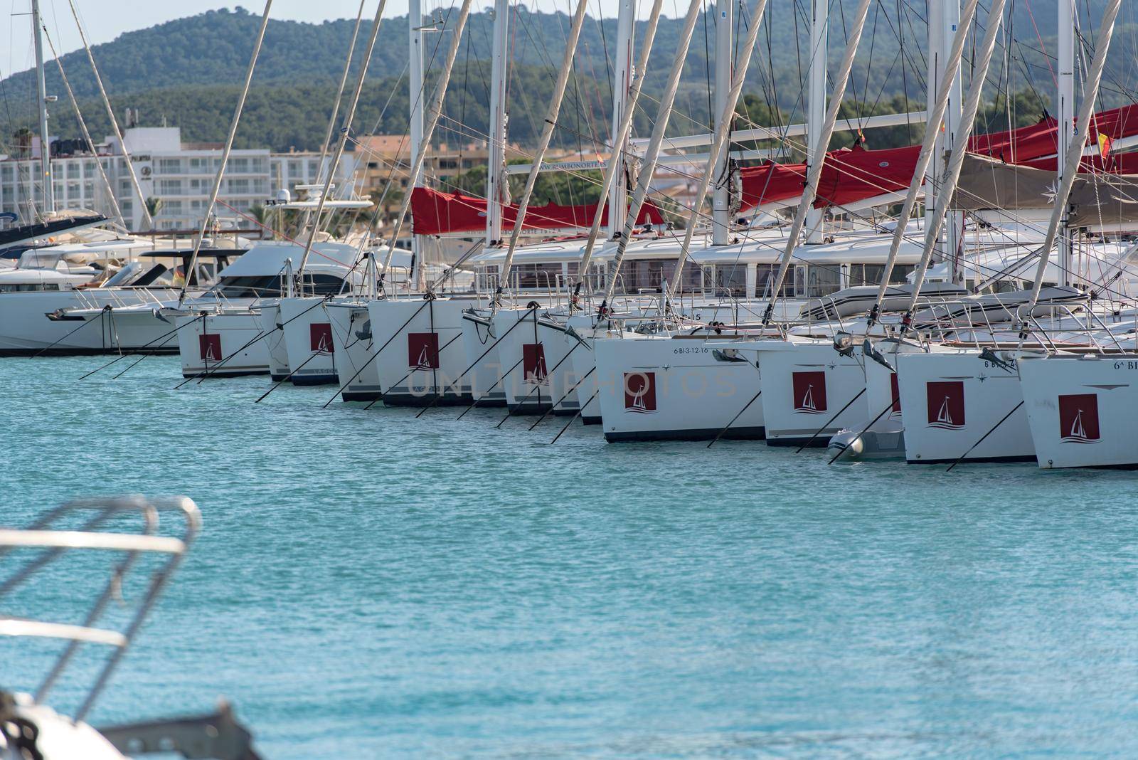 Sant Antoni de Portmany, Ibiza, Spain : NOV 8 2019 : Sunny day in the port of Sant Antoni de POrtmany, Ibiza, Spain.