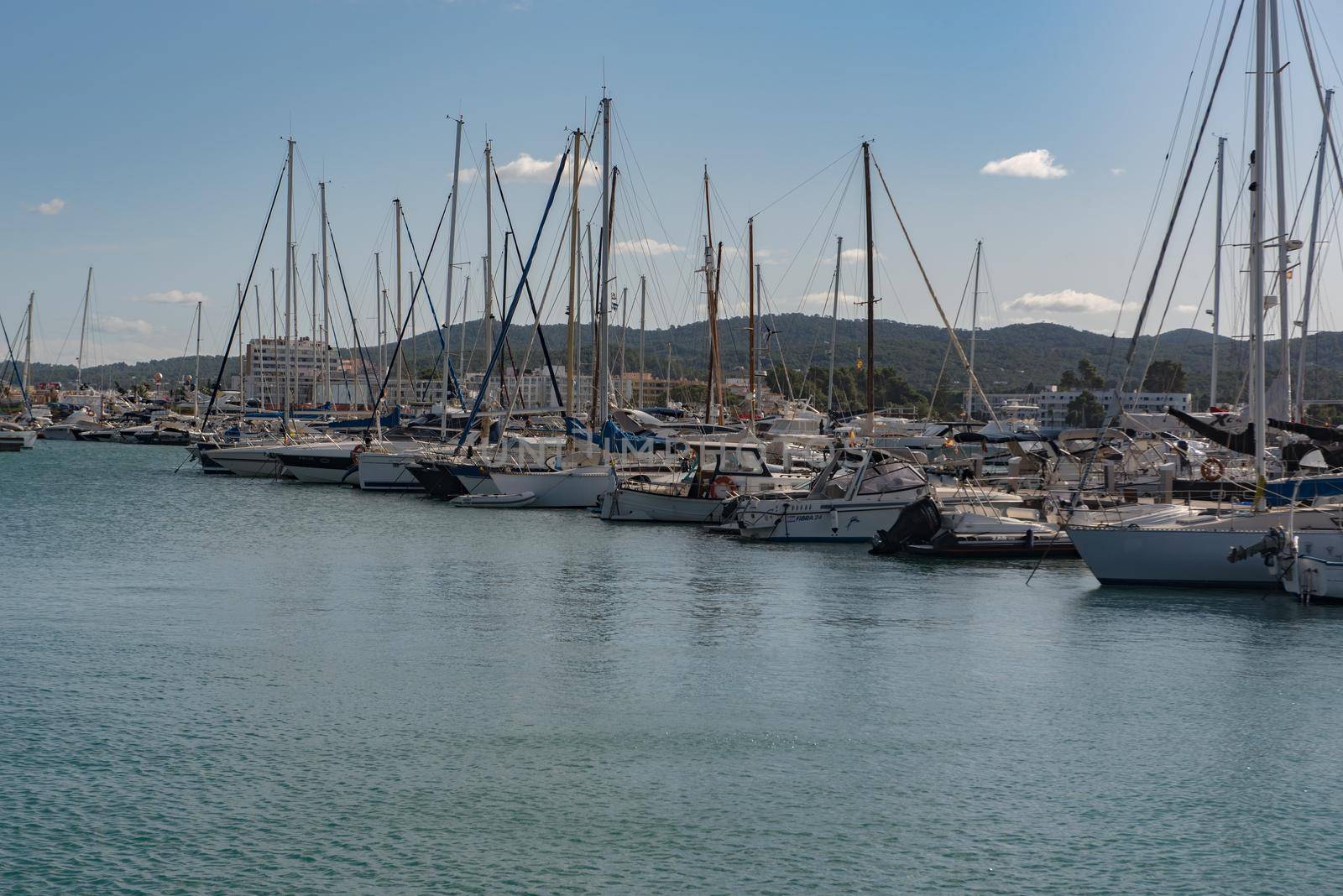 Sant Antoni de Portmany, Ibiza, Spain : NOV 8 2019 : Sunny day in the port of Sant Antoni de POrtmany, Ibiza, Spain.