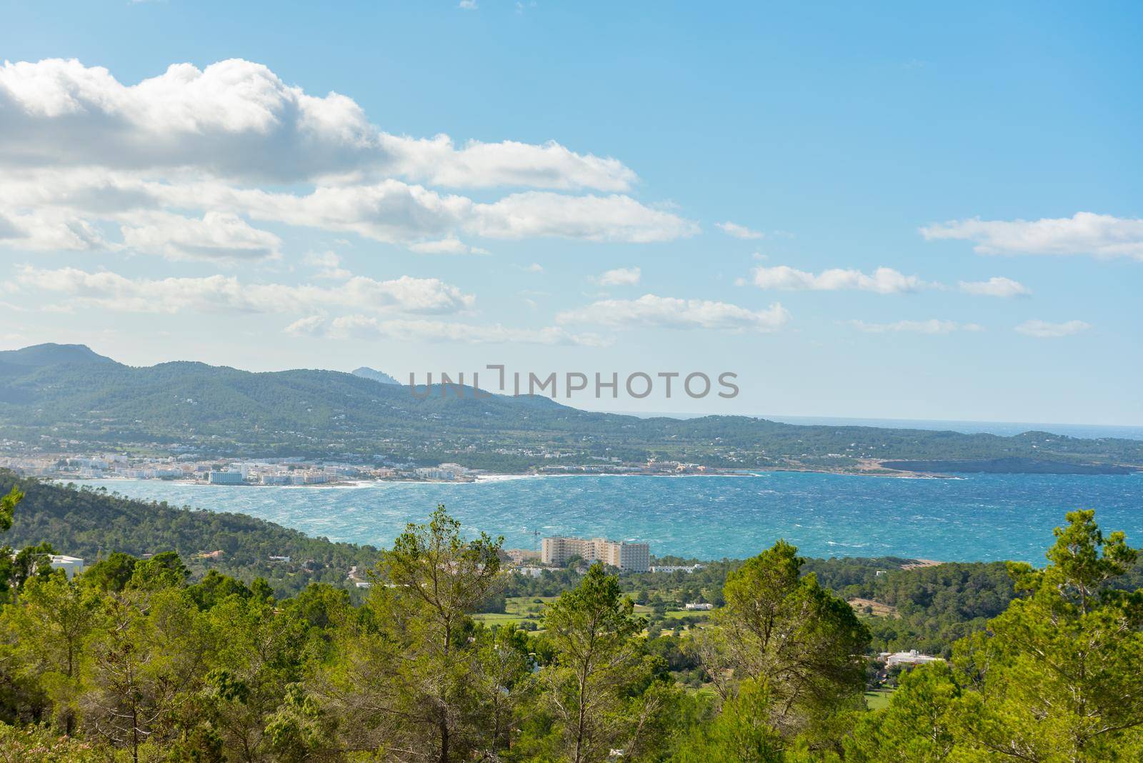 Panoramic view of the city of Sant Antoni de Portmany in Ibiza, Spain