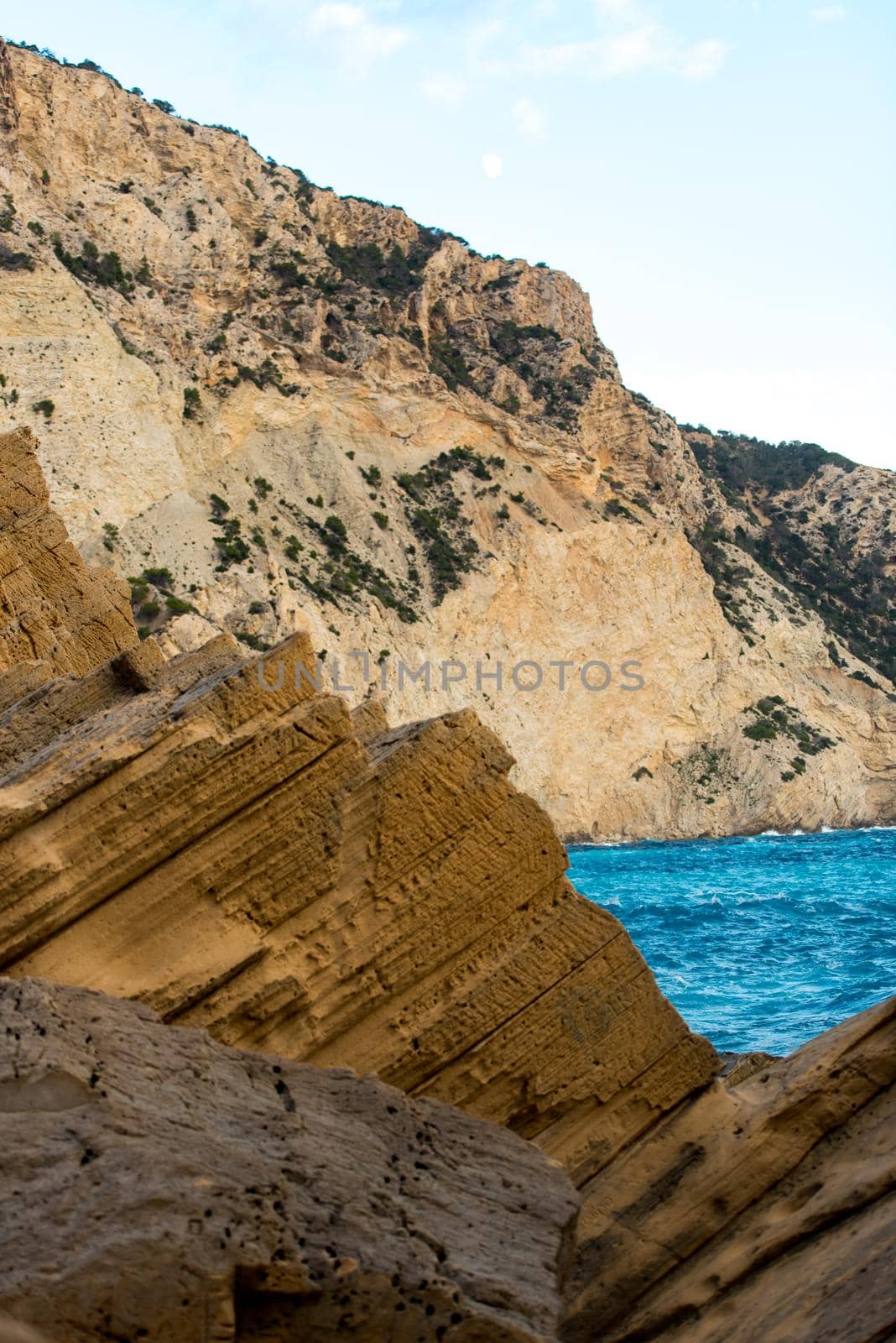 Ibiza, Spain - september 1 2019: Sa pedrera de Cala de Hort, Atlantis at late afternoon