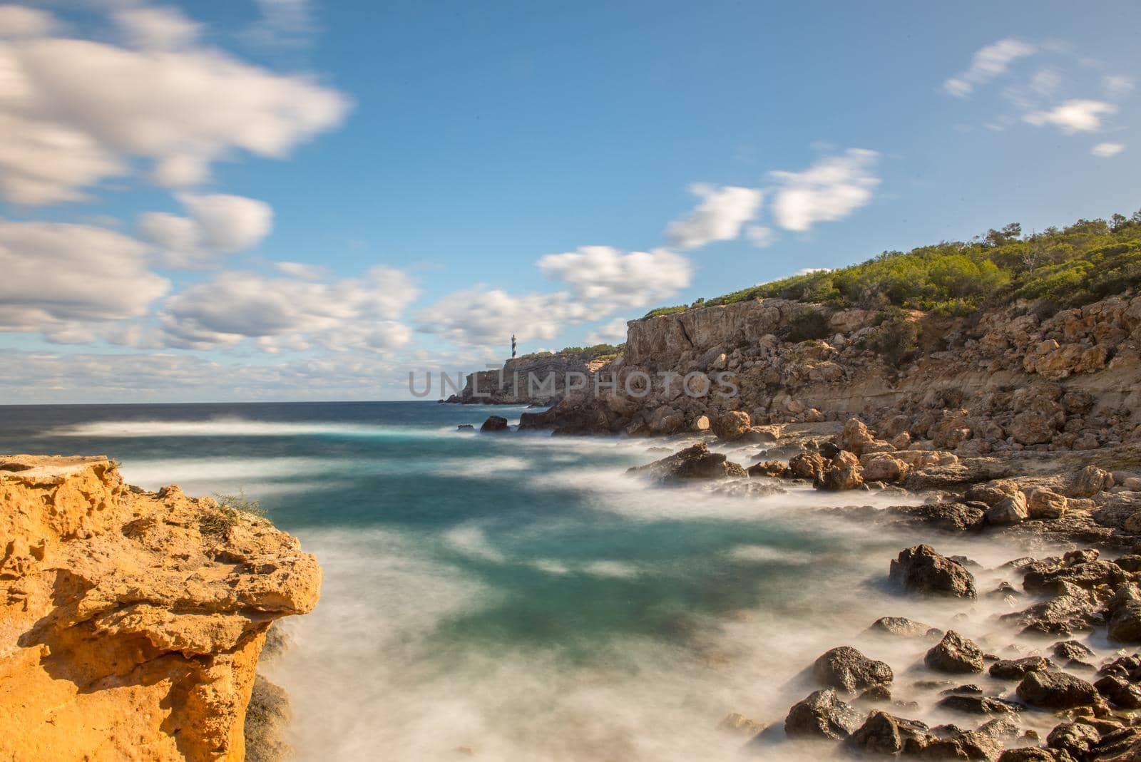 North coast of Ibiza island, Moscarter lighthouse as background, Spain