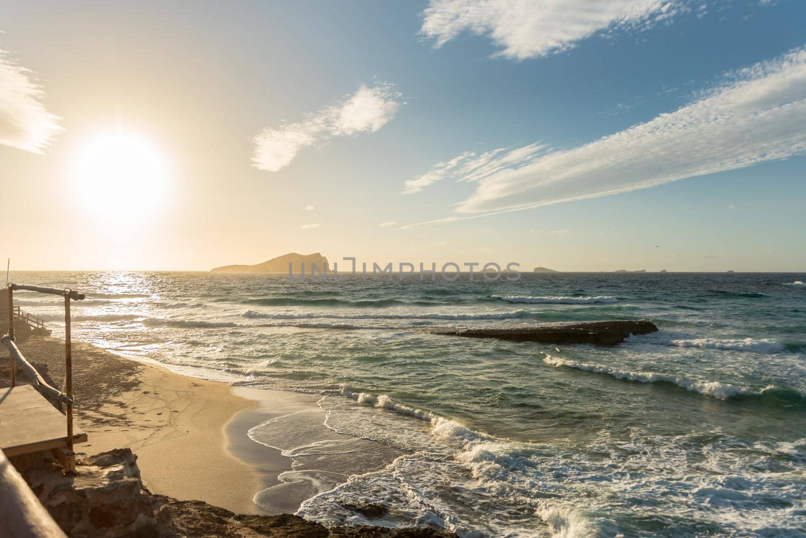 Ibiza sunset from Cala Conta Comte in San Jose at Balearic Islands Spain.