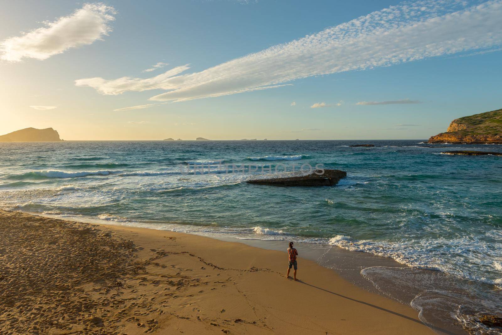 Ibiza sunset from Cala Conta Comte in San Jose at Balearic Islands Spain.