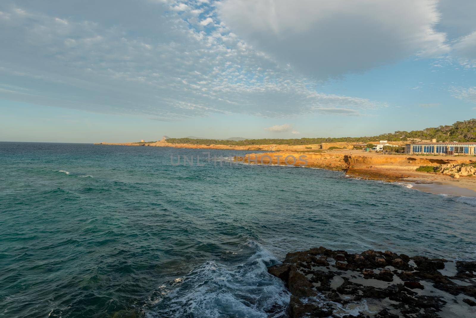 Ibiza sunset from Cala Conta Comte in San Jose at Balearic Islands Spain.