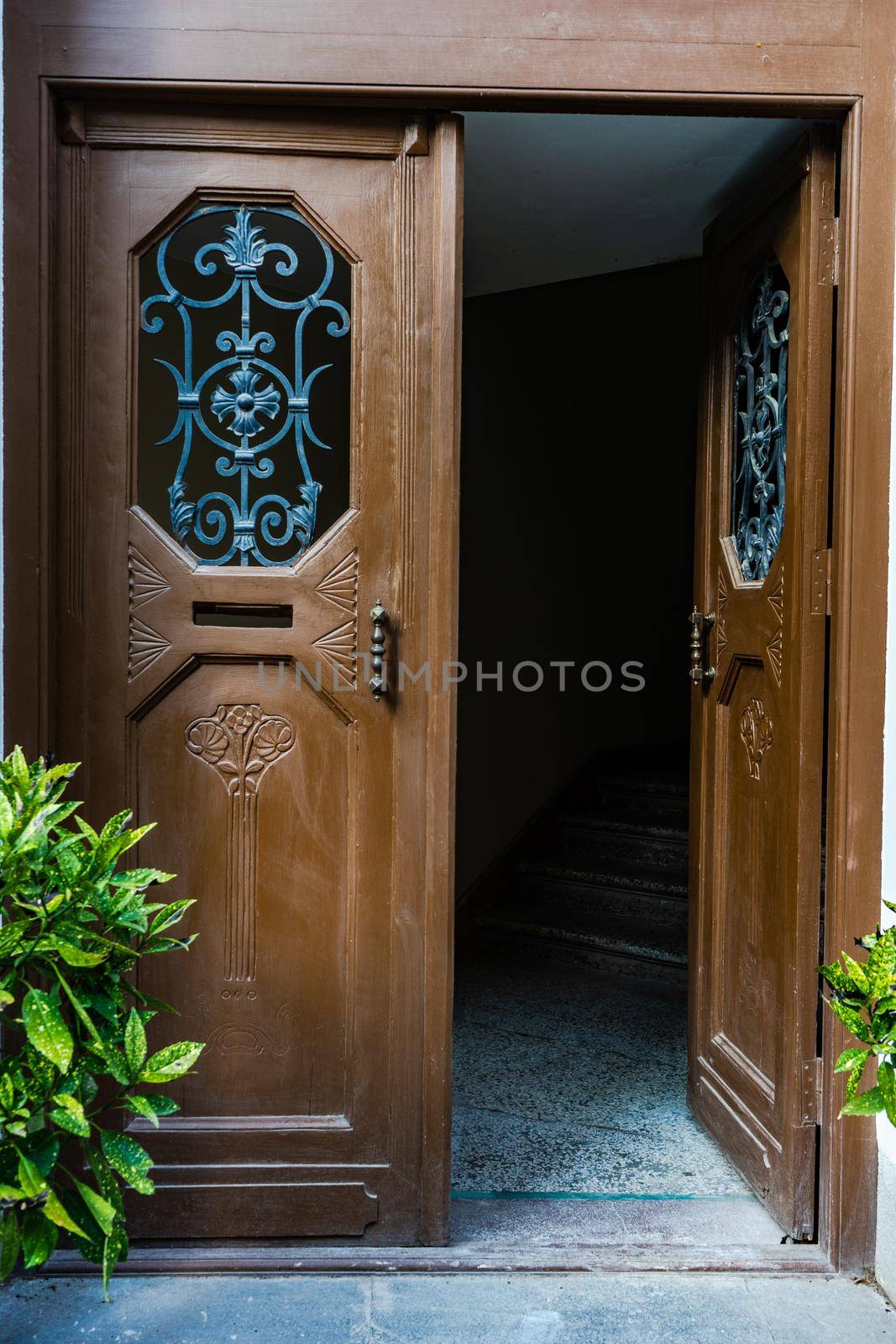 Old door with carving details in buildings of Old town of Tbilisi, Georgia