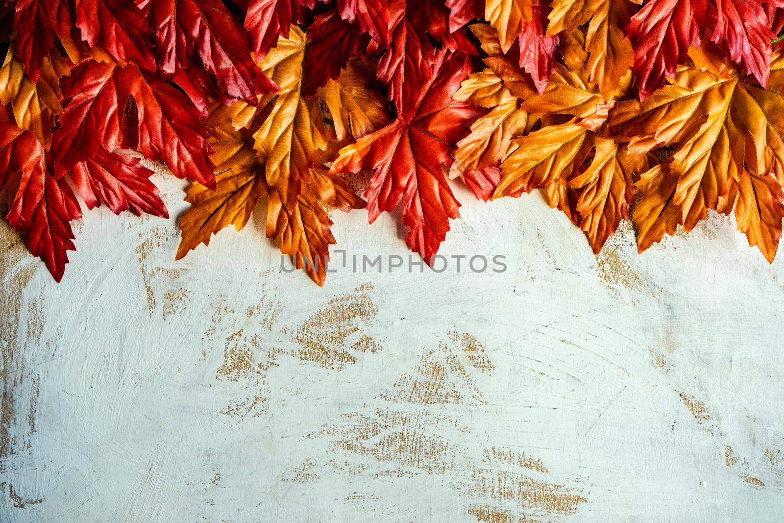 Autumnal flat lay with leaves and pumpkins on wooden background